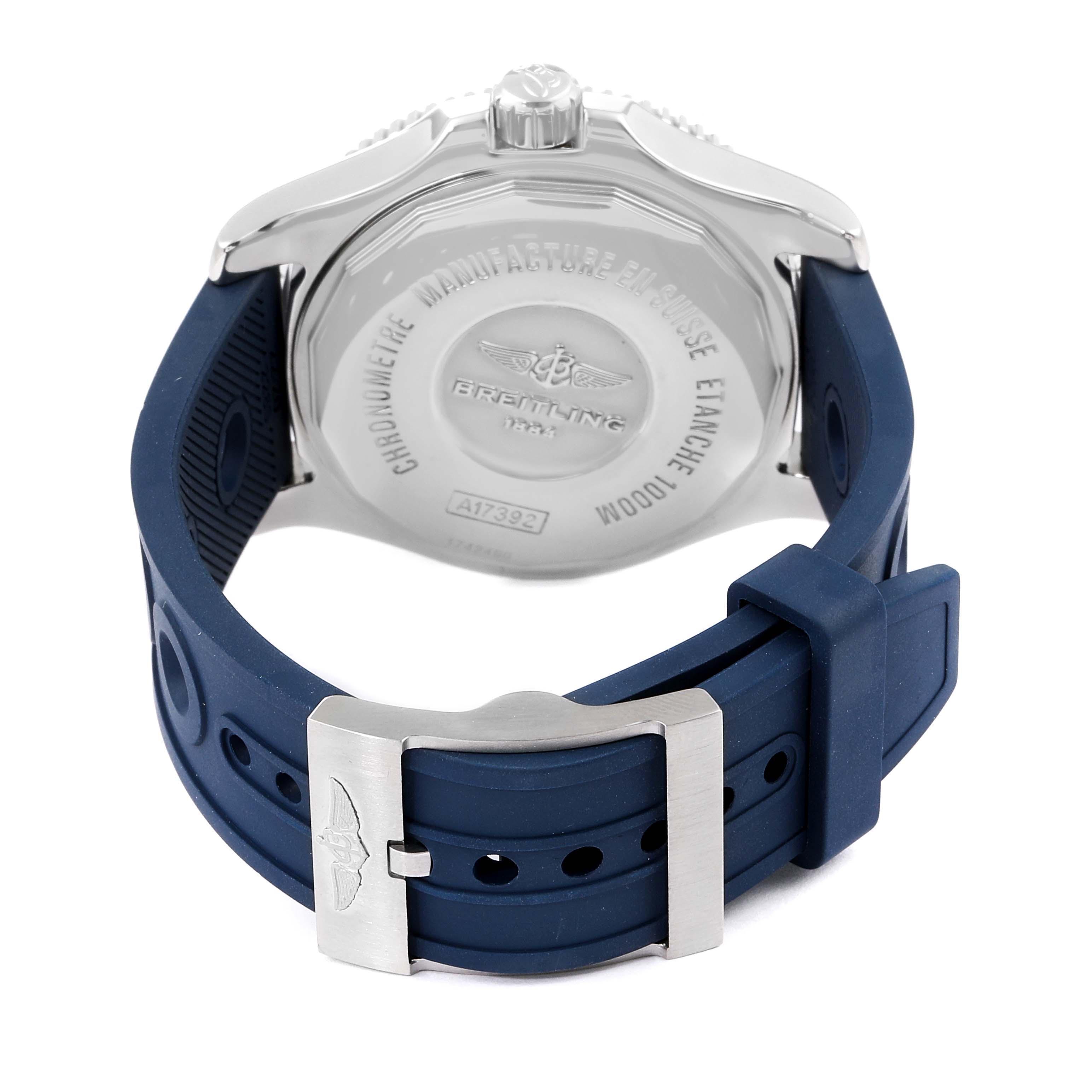 This image shows the back view of a Breitling Superocean A17392 Men
s Stainless Steel Blue Dial A17392 Men
s Stainless Steel Blue Dial watch, highlighting the case back and blue rubber strap with a buckle.