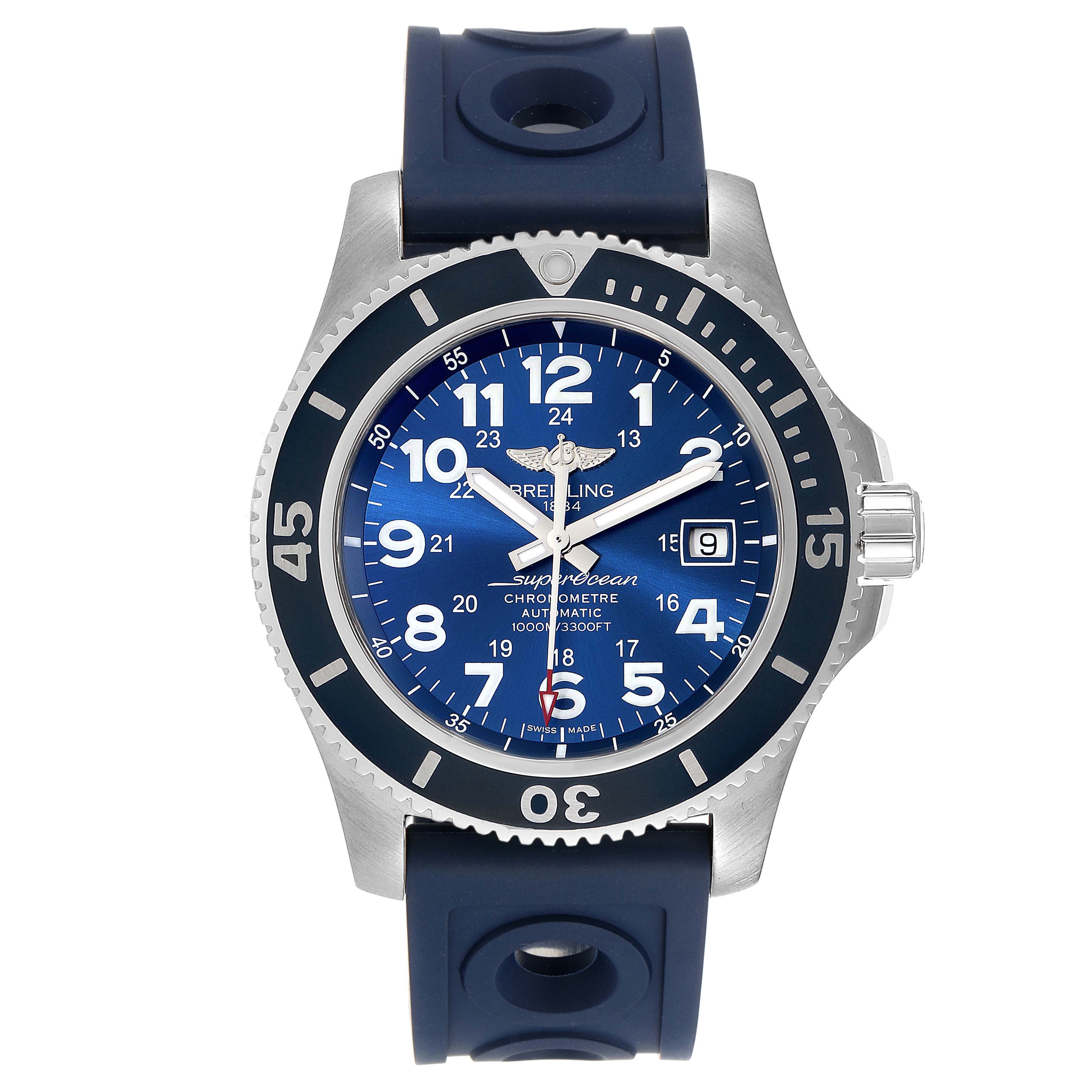 The image shows a Breitling Superocean A17392 Men
s Stainless Steel Blue Dial A17392 Men
s Stainless Steel Blue Dial watch from a top-front angle, displaying its face, bezel, and strap.