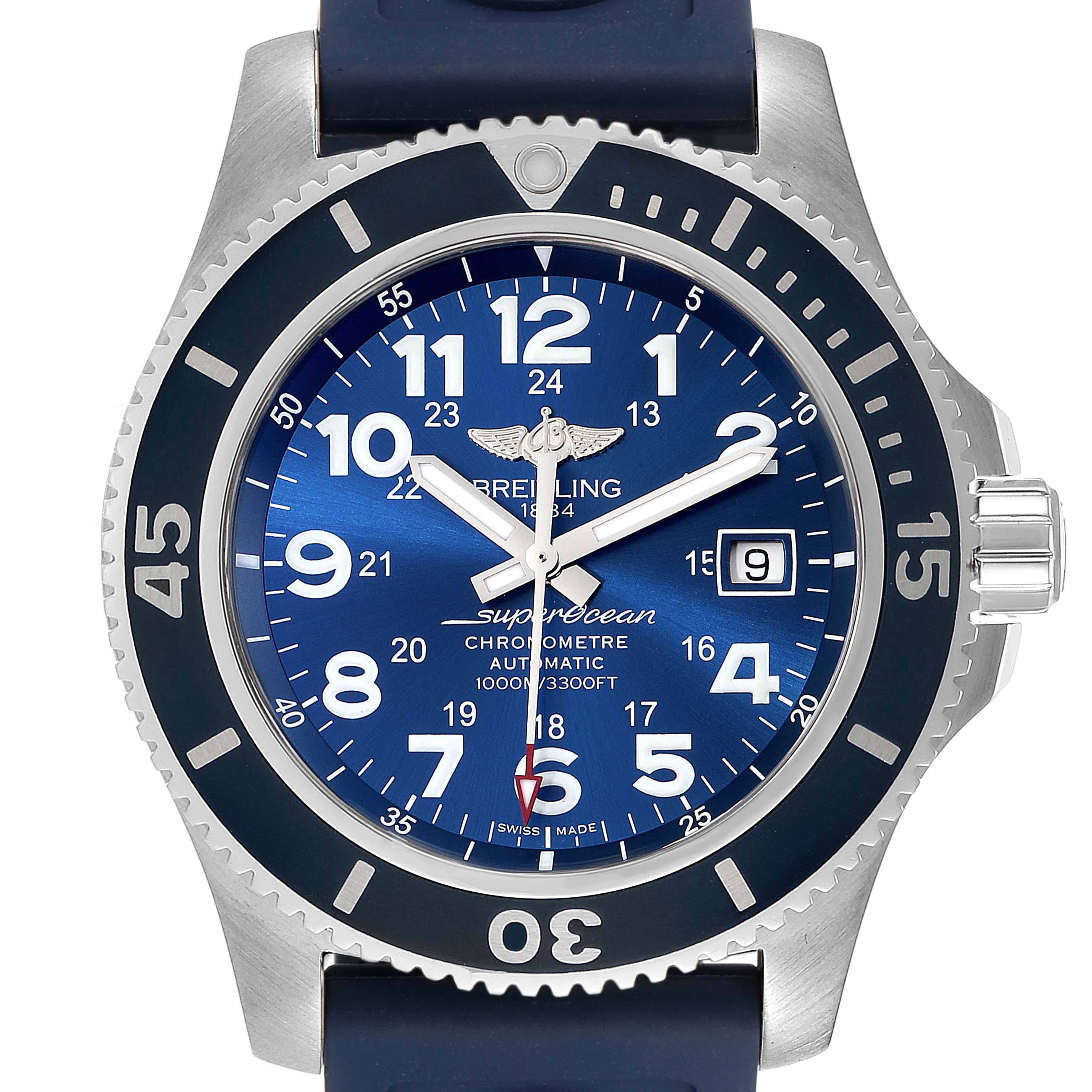 The image shows a front view of a Breitling Superocean A17392 Men
s Stainless Steel Blue Dial A17392 Men
s Stainless Steel Blue Dial watch, displaying its blue dial, bezel, and date indicator.