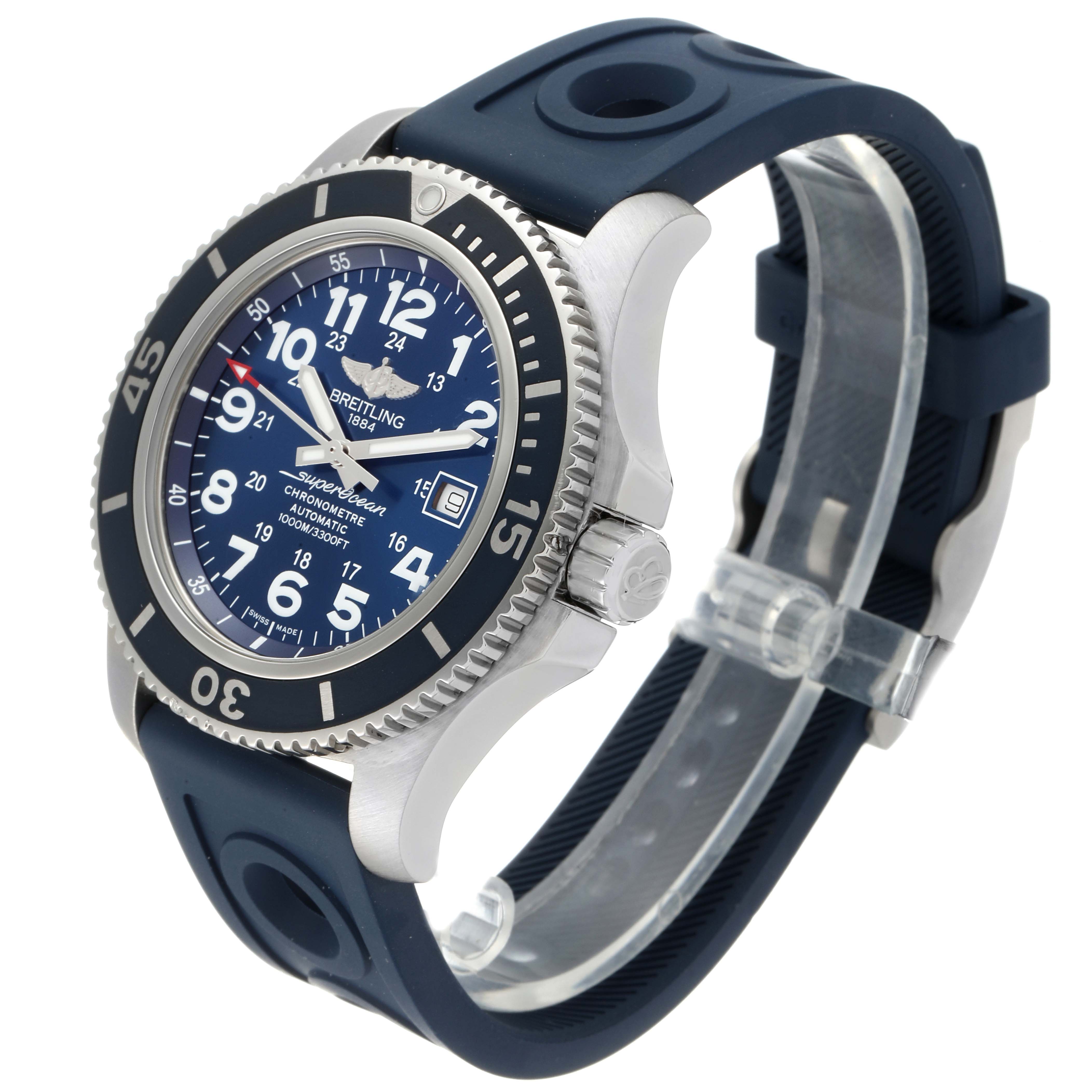The image shows a side view of the Breitling Superocean A17392 Men
s Stainless Steel Blue Dial A17392 Men
s Stainless Steel Blue Dial watch, highlighting its blue dial, bezel, and rubber strap.