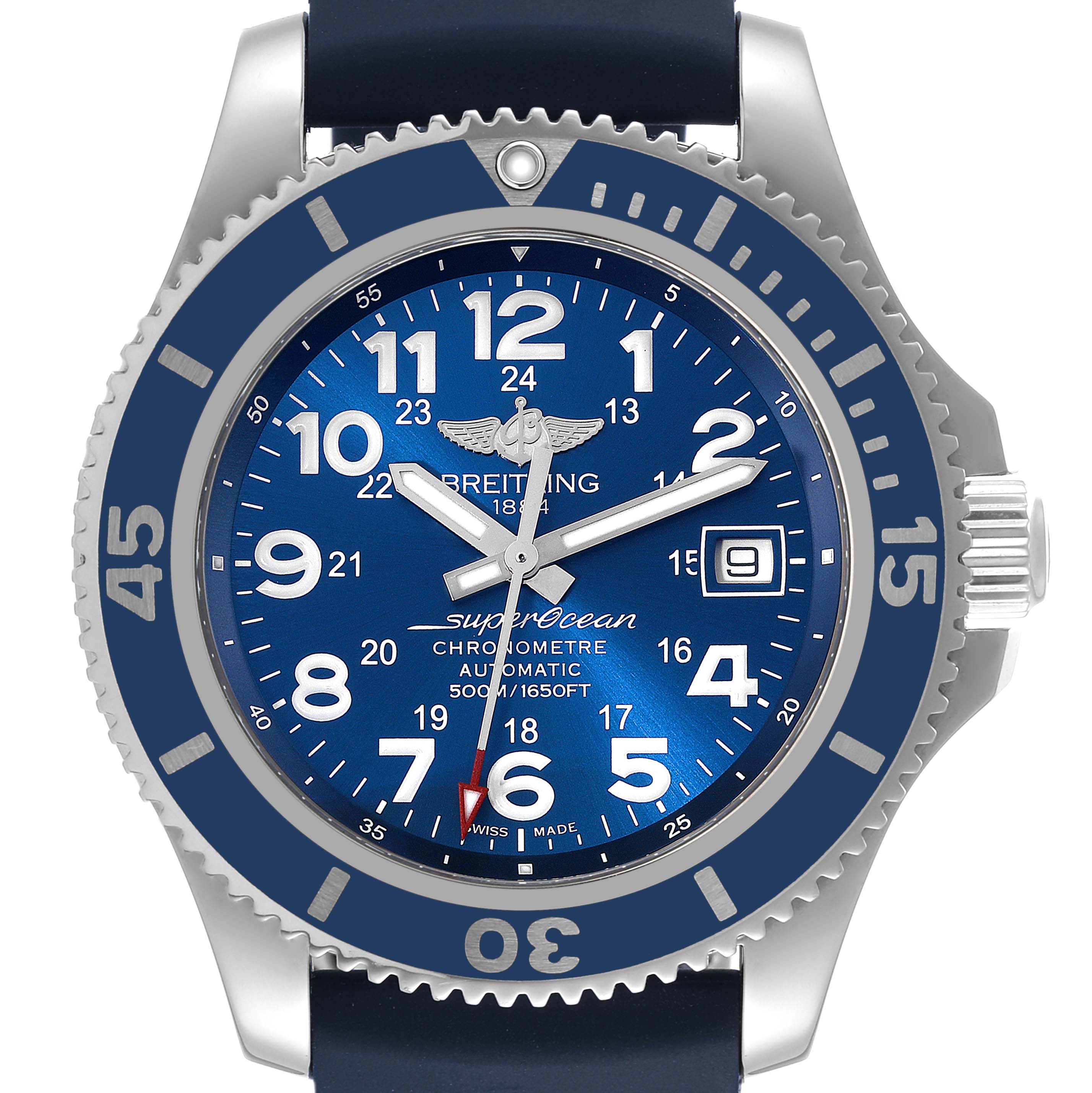 This image shows a front view of a Breitling Superocean A17365 Men's Stainless Steel Blue Dial A17365 Men's Stainless Steel Blue Dial watch, highlighting its bezel, dial, and hands.