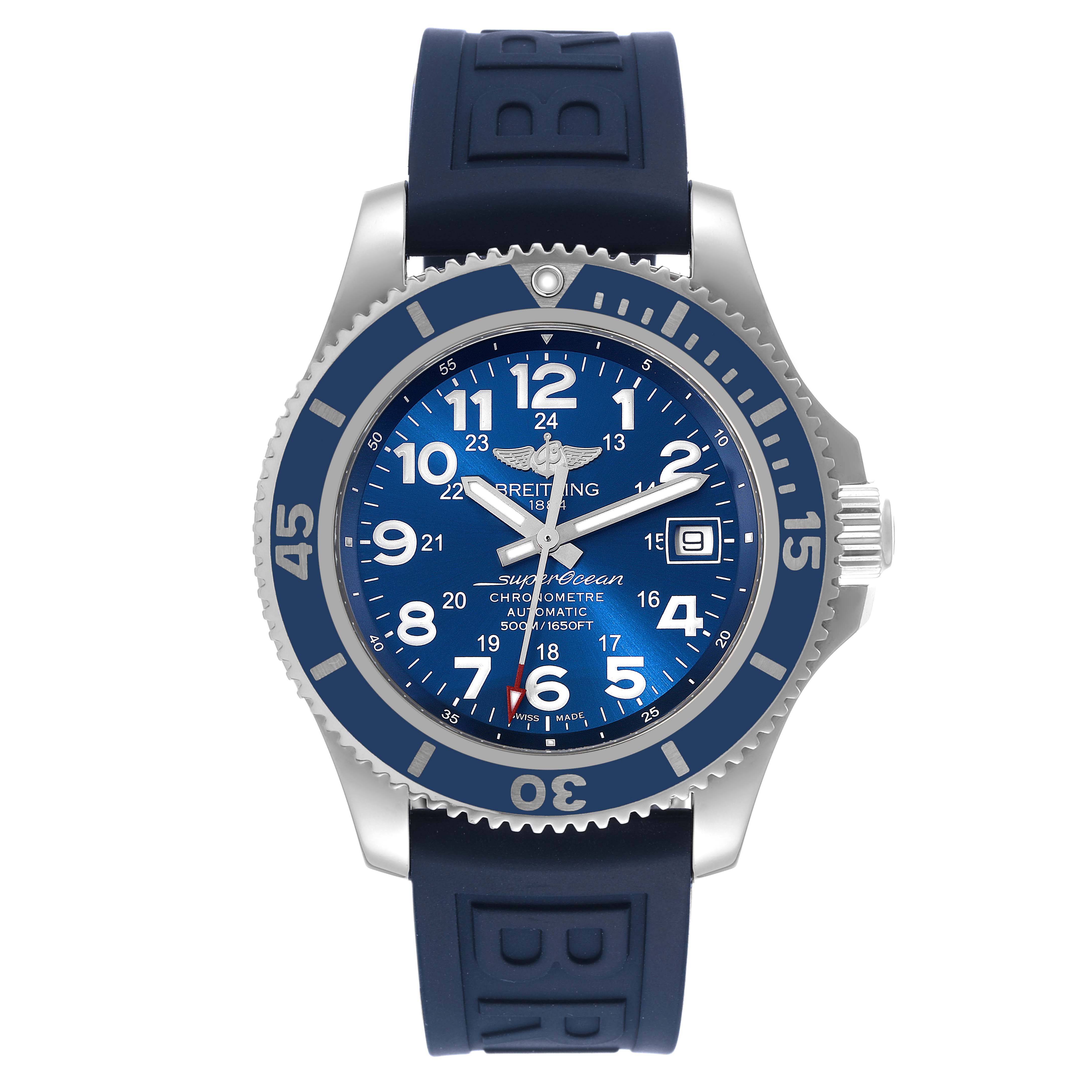 The image shows a front view of the Breitling Superocean A17365 Men's Stainless Steel Blue Dial A17365 Men's Stainless Steel Blue Dial watch, displaying its blue dial, bezel, and rubber strap.