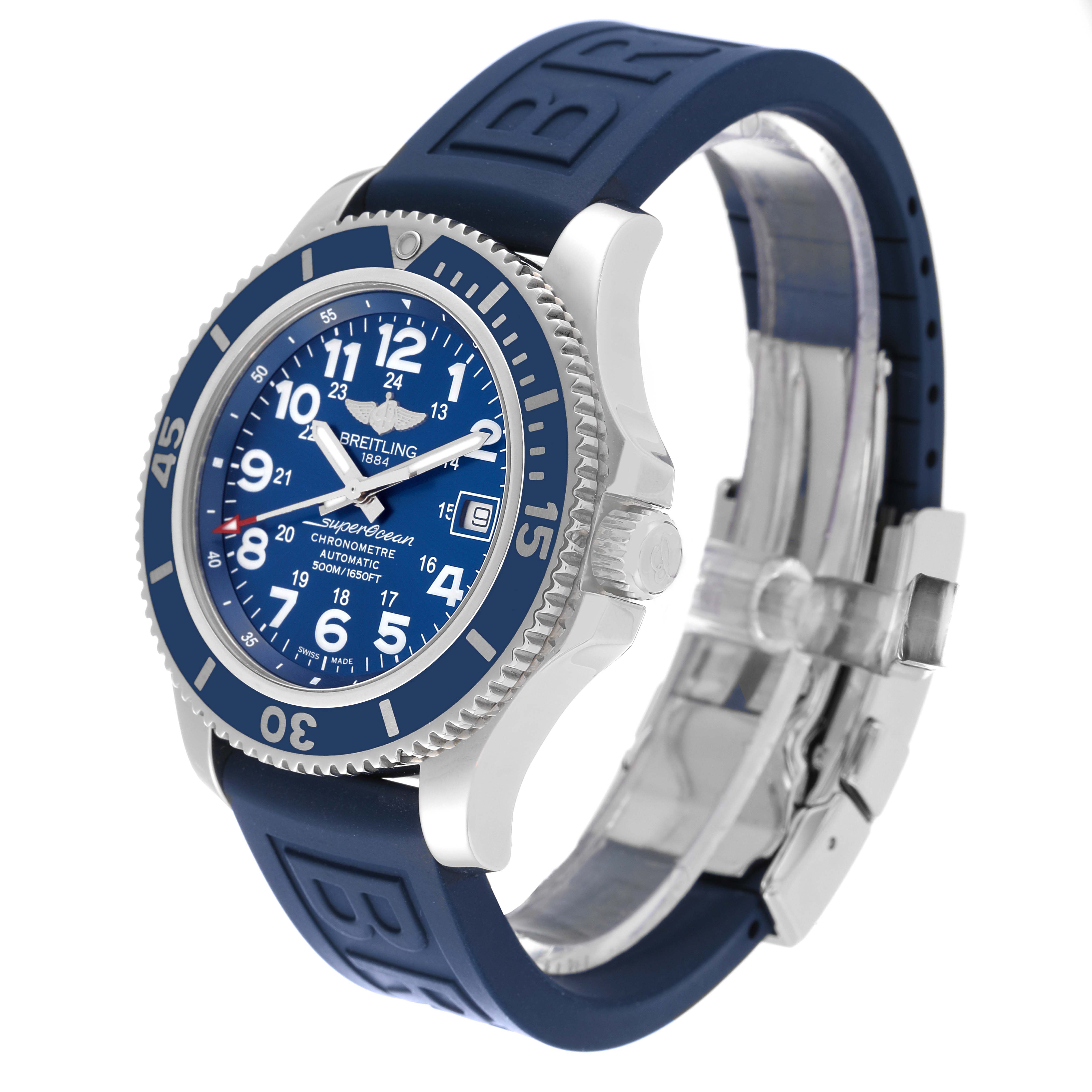 This image shows a side and angled view of a Breitling Superocean A17365 Men's Stainless Steel Blue Dial A17365 Men's Stainless Steel Blue Dial watch, highlighting its blue dial, bezel, and rubber strap.