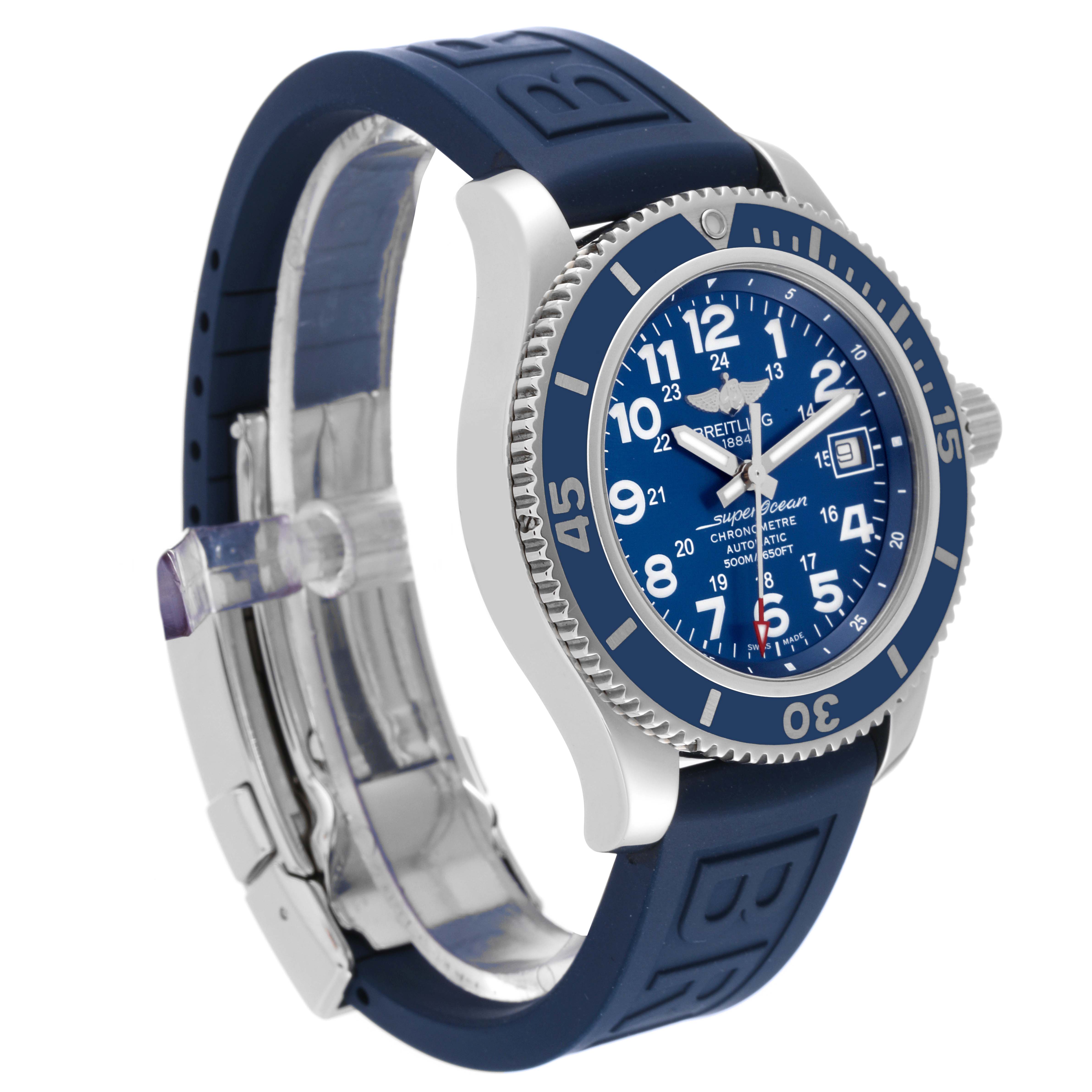 The image shows a Breitling Superocean A17365 Men's Stainless Steel Blue Dial A17365 Men's Stainless Steel Blue Dial watch angled slightly from the left, highlighting its blue dial, bezel, and strap.