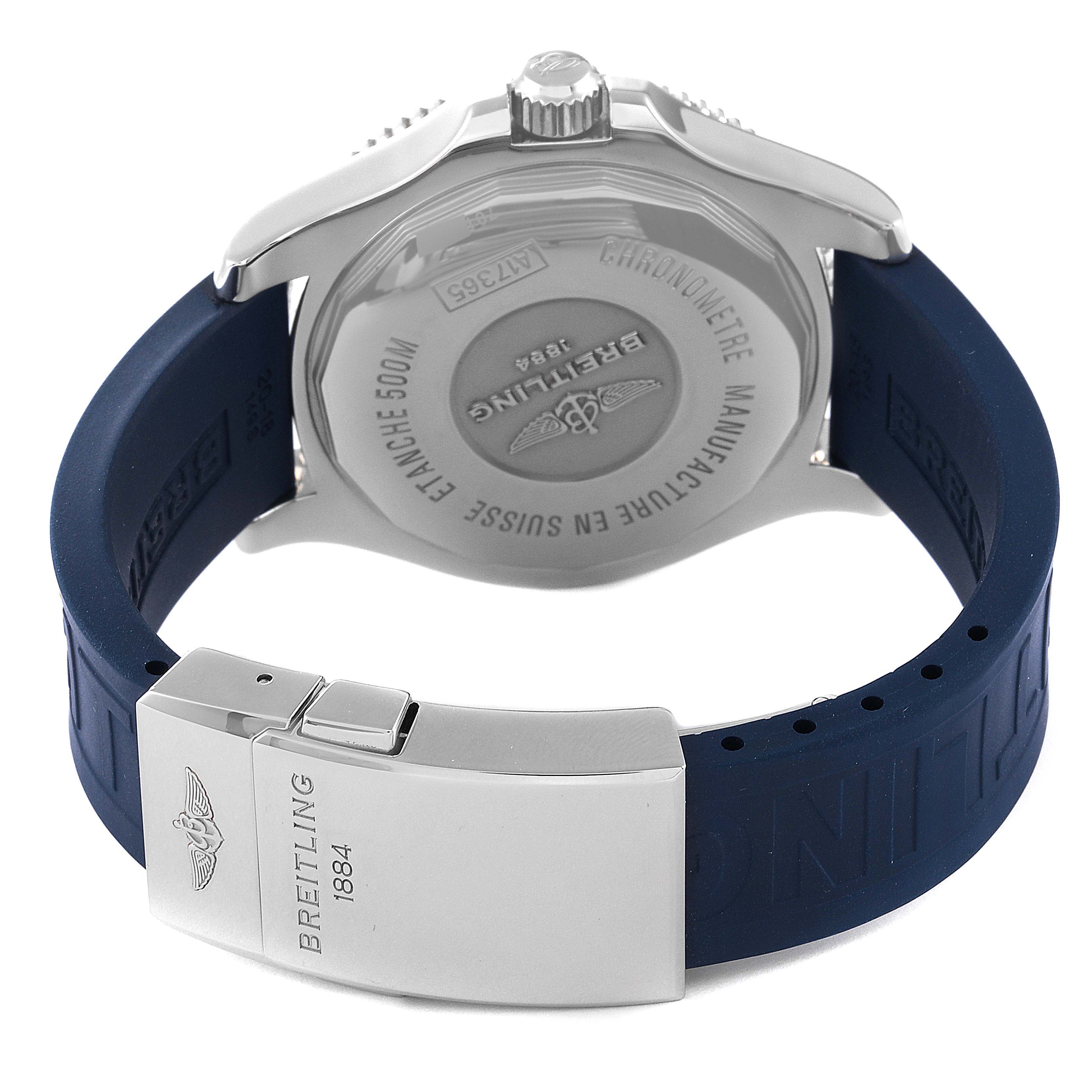 The image shows the back case and clasp of a Breitling Superocean A17365 Men's Stainless Steel Blue Dial A17365 Men's Stainless Steel Blue Dial watch from a rear angle.