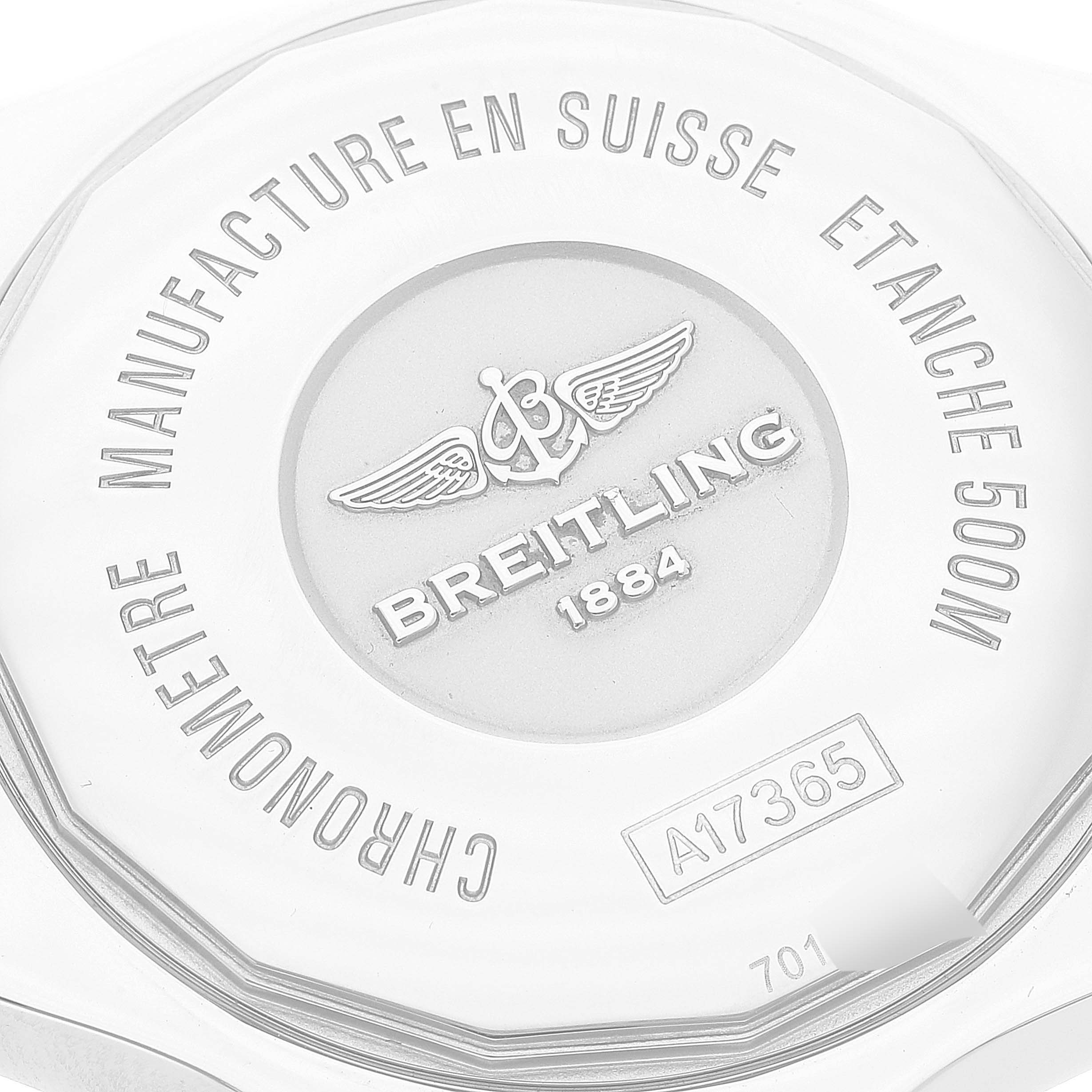 This image shows the back casing of a Breitling Superocean A17365 Men's Stainless Steel Blue Dial A17365 Men's Stainless Steel Blue Dial watch, highlighting its branding and model number A17365.