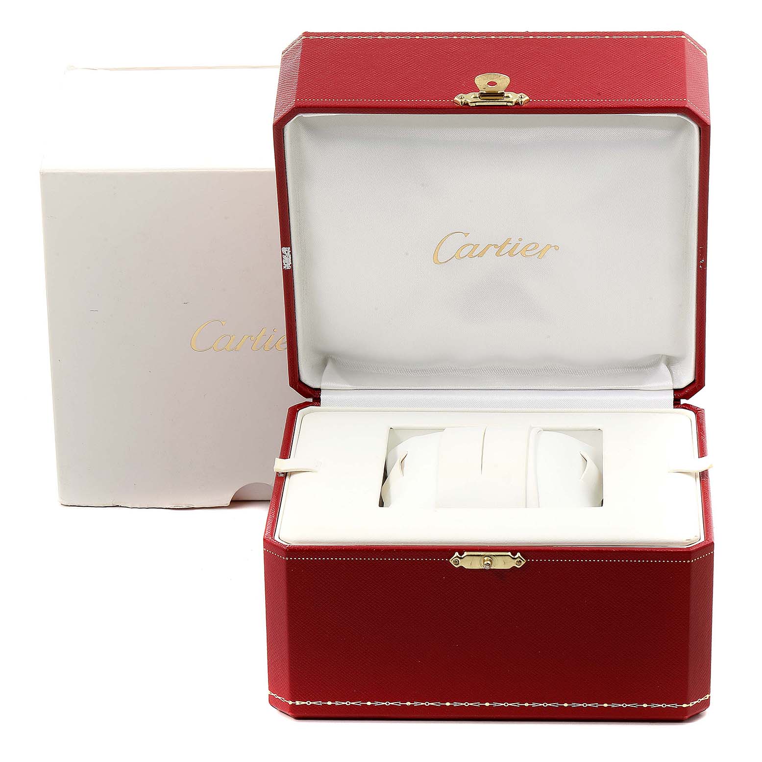 The image shows a Cartier Must 21 Chronoscaph W10172T2 Men
s Stainless Steel Black Dial W10172T2 Men
s Stainless Steel Black Dial watch box, viewed from the front, with an open lid displaying the brand logo inside.