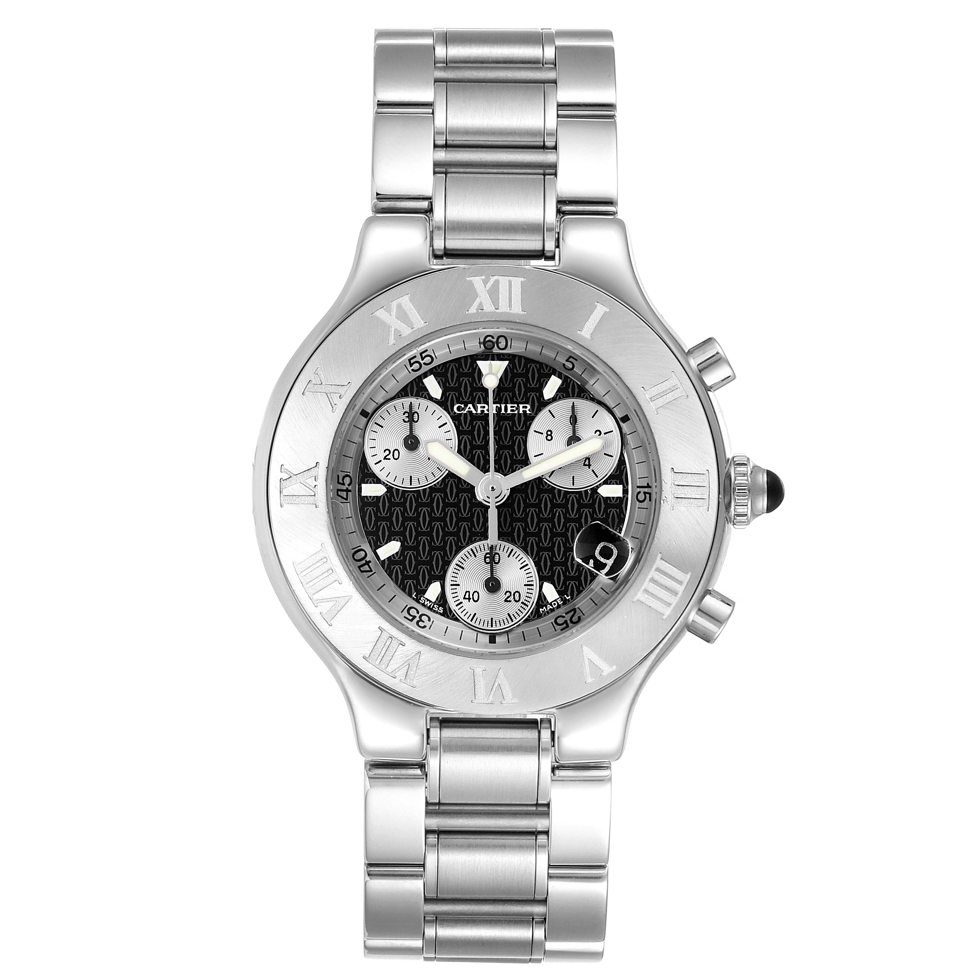 This is a front view of a Cartier Must 21 Chronoscaph W10172T2 Men
s Stainless Steel Black Dial W10172T2 Men
s Stainless Steel Black Dial watch, showing its face, bezel, and bracelet.