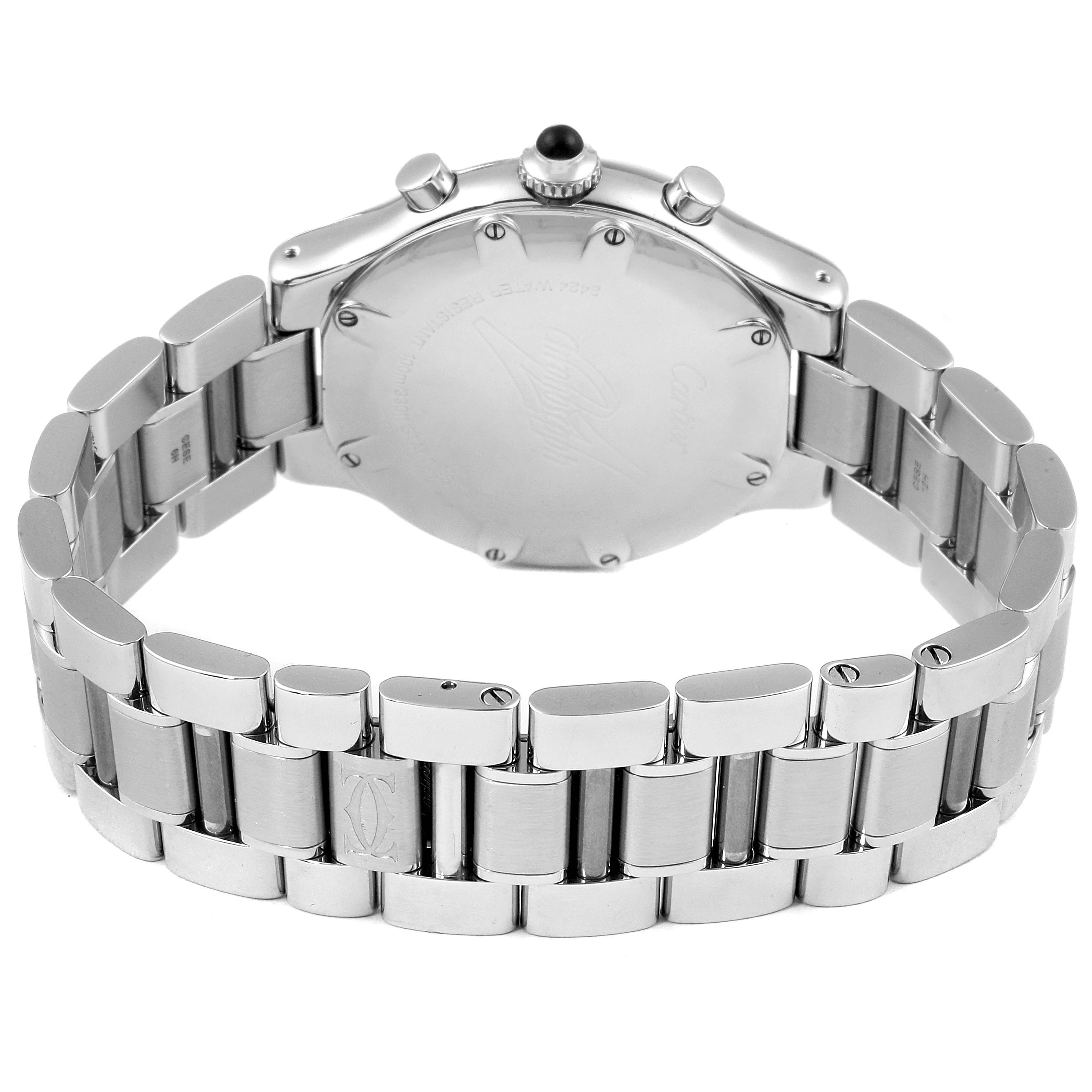 This image shows the back case and bracelet of the Cartier Must 21 Chronoscaph W10172T2 Men
s Stainless Steel Black Dial W10172T2 Men
s Stainless Steel Black Dial watch, including the clasp and back screws.