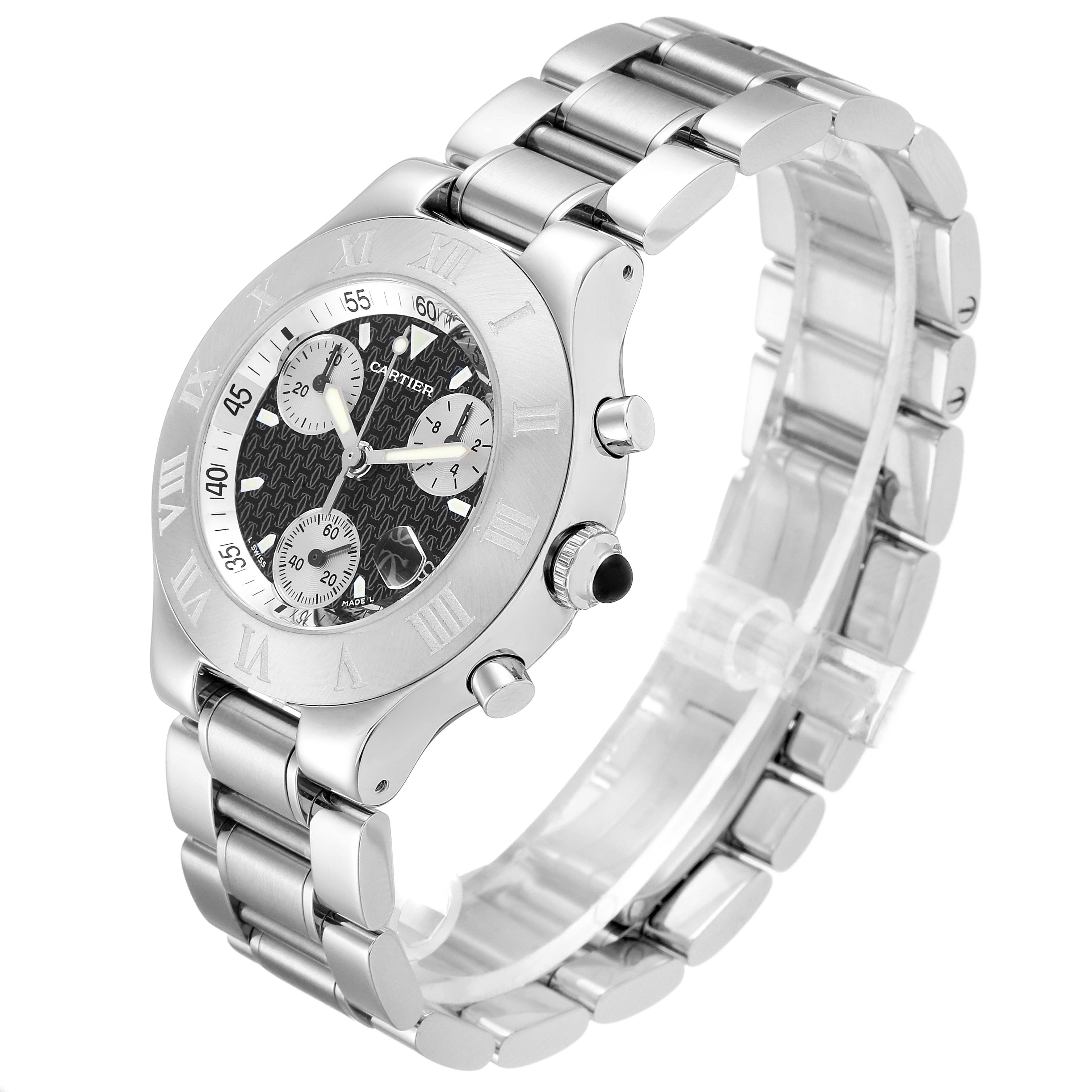 The image shows a side angle of the Cartier Must 21 Chronoscaph W10172T2 Men
s Stainless Steel Black Dial W10172T2 Men
s Stainless Steel Black Dial watch, highlighting the bezel, crown, and bracelet.