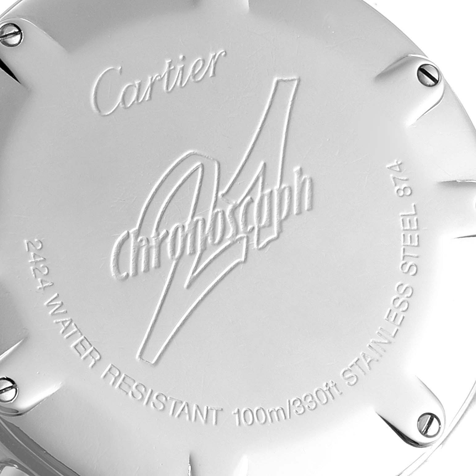 This image shows the back case of the Must 21 Chronoscaph watch by Cartier, highlighting the brand engraving and water resistance details.