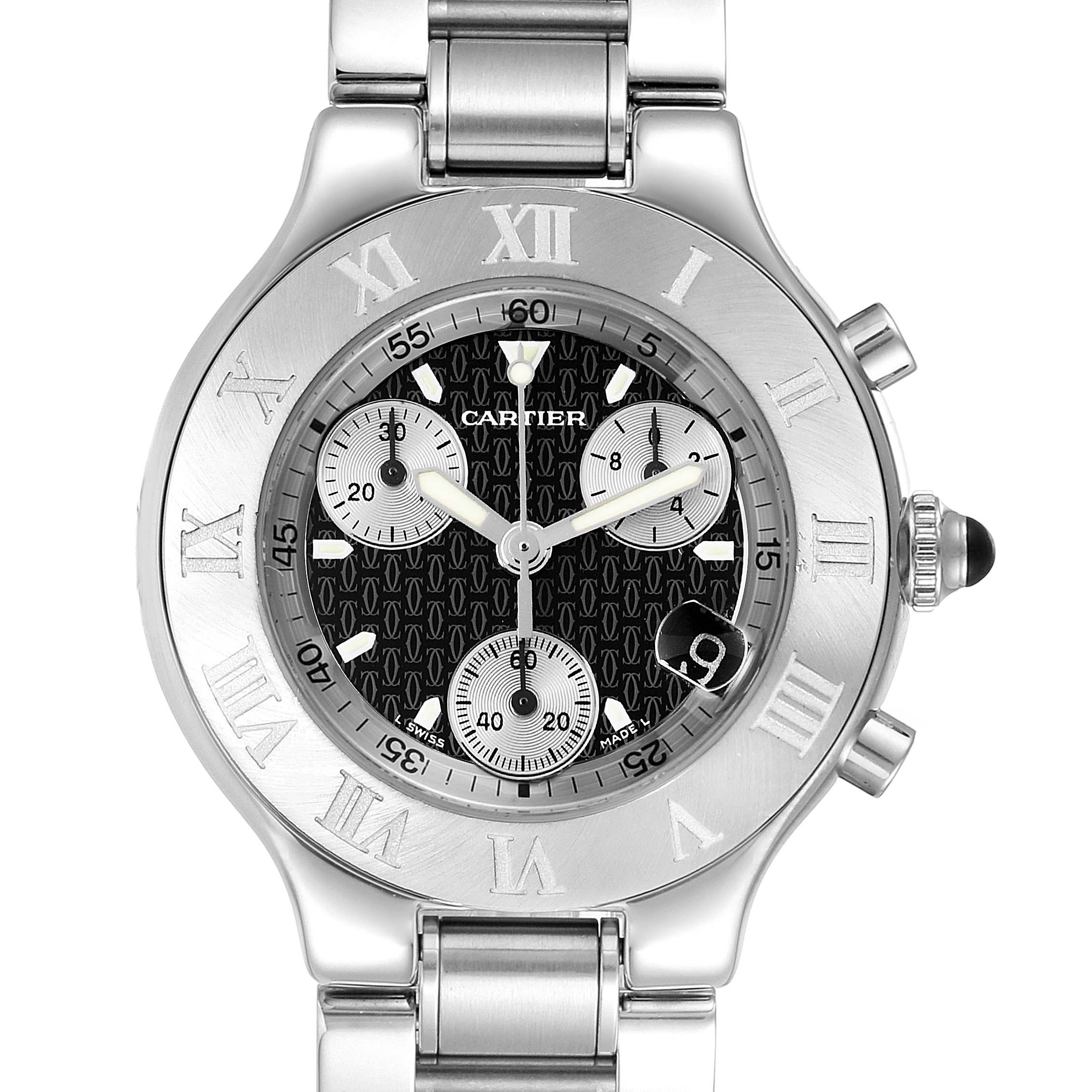 The image shows a frontal view of the Cartier Must 21 Chronoscaph W10172T2 Men
s Stainless Steel Black Dial W10172T2 Men
s Stainless Steel Black Dial watch, featuring the dial, subdials, bezel, and part of the metal bracelet.