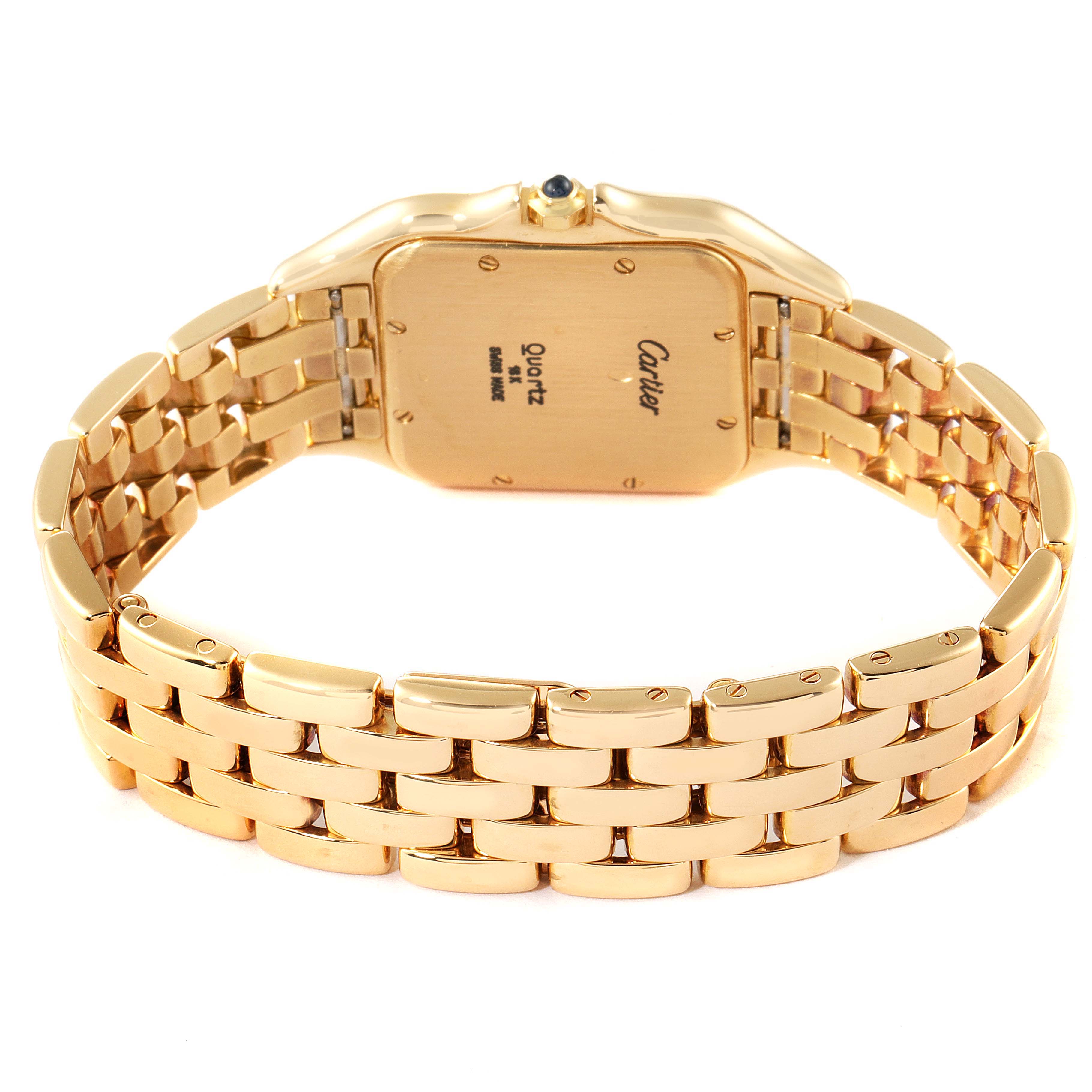 The image shows the back and bracelet of a Cartier Panthere W25014B9 Men's Yellow Gold Silver Dial W25014B9 Men's Yellow Gold Silver Dial watch, highlighting its gold finish and clasp.