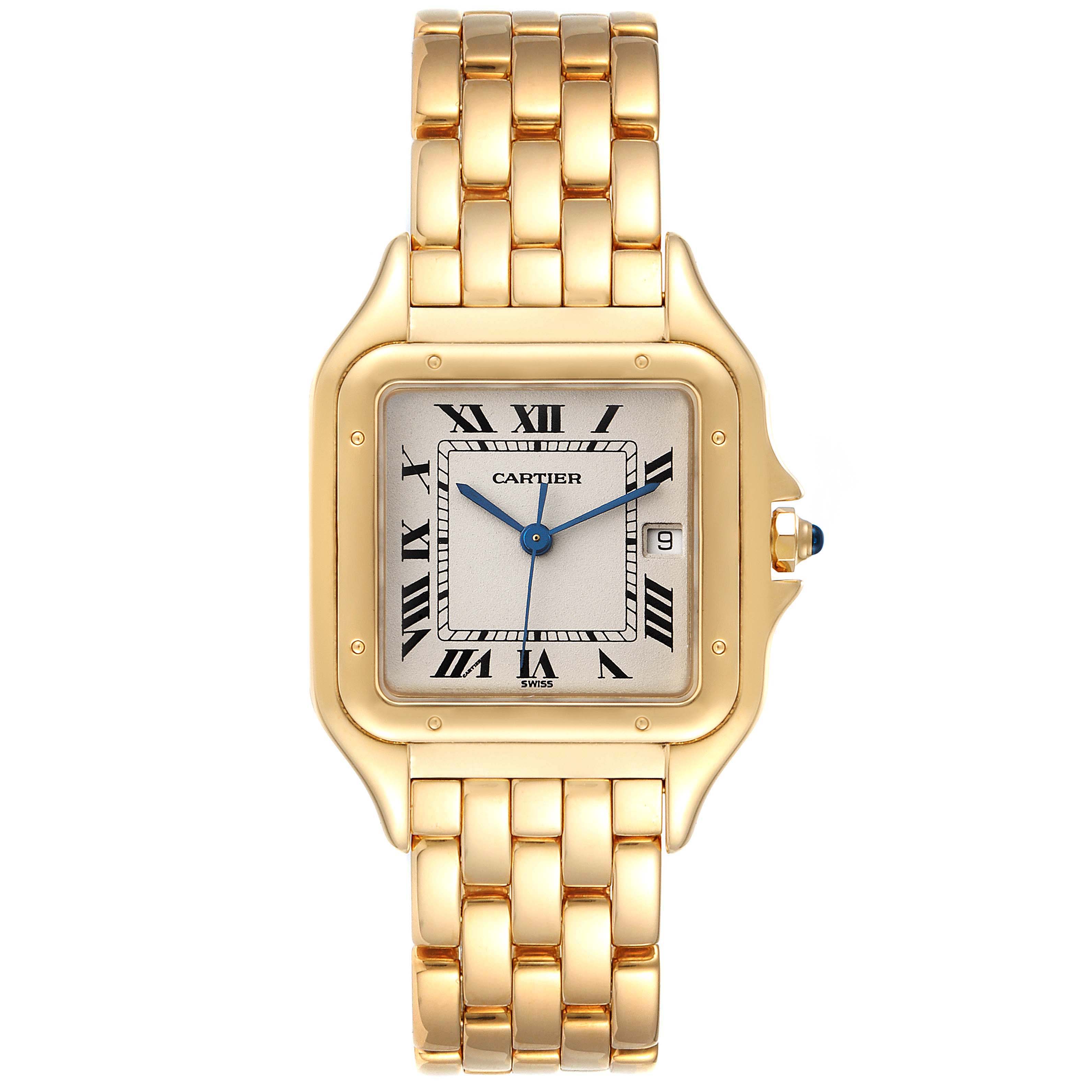This is a head-on view of a Cartier Panthere W25014B9 Men's Yellow Gold Silver Dial W25014B9 Men's Yellow Gold Silver Dial watch showing its gold case, bracelet, dial, and Roman numerals.