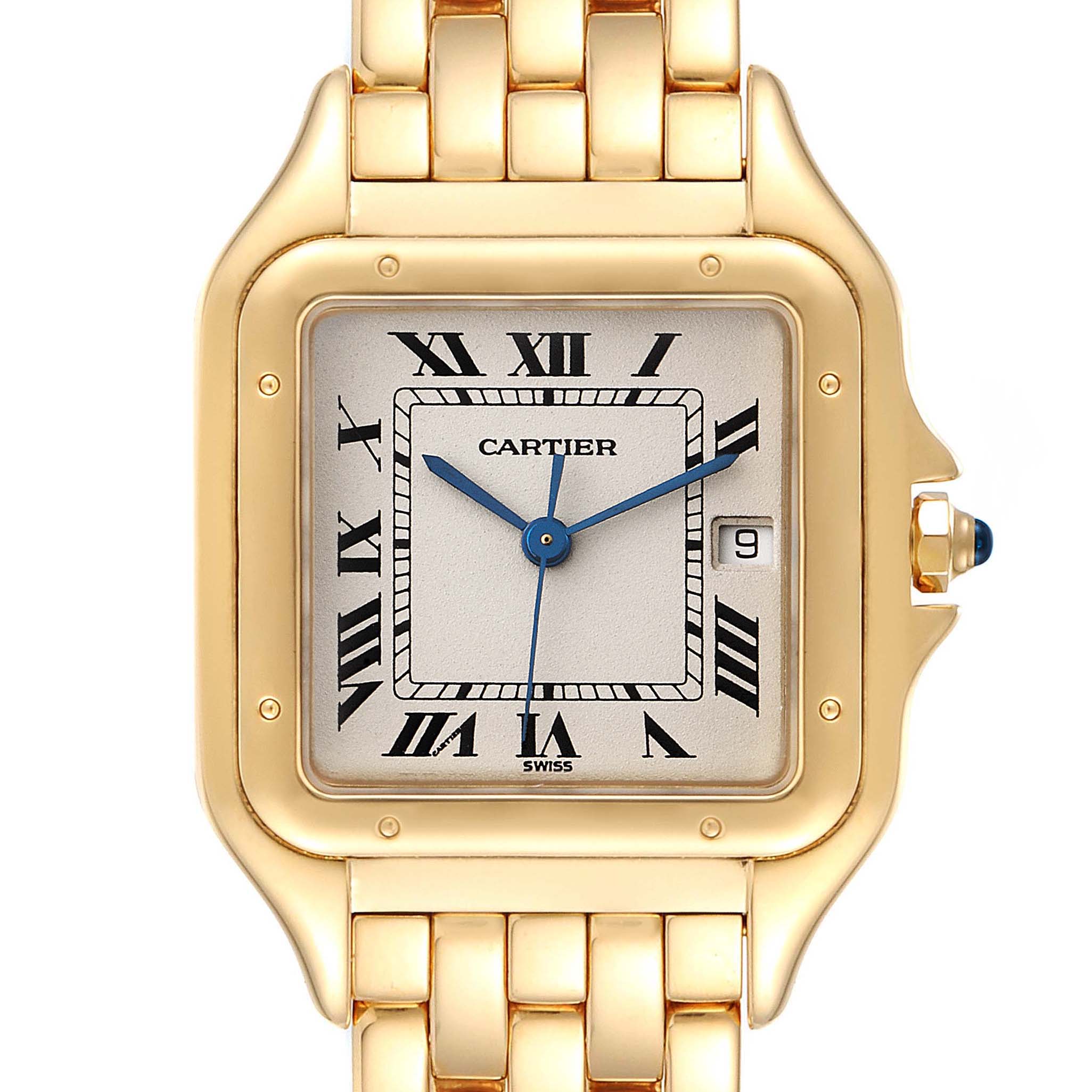 The image shows a frontal close-up view of the Panthere model by Cartier, highlighting the dial, case, bracelet, and crown.