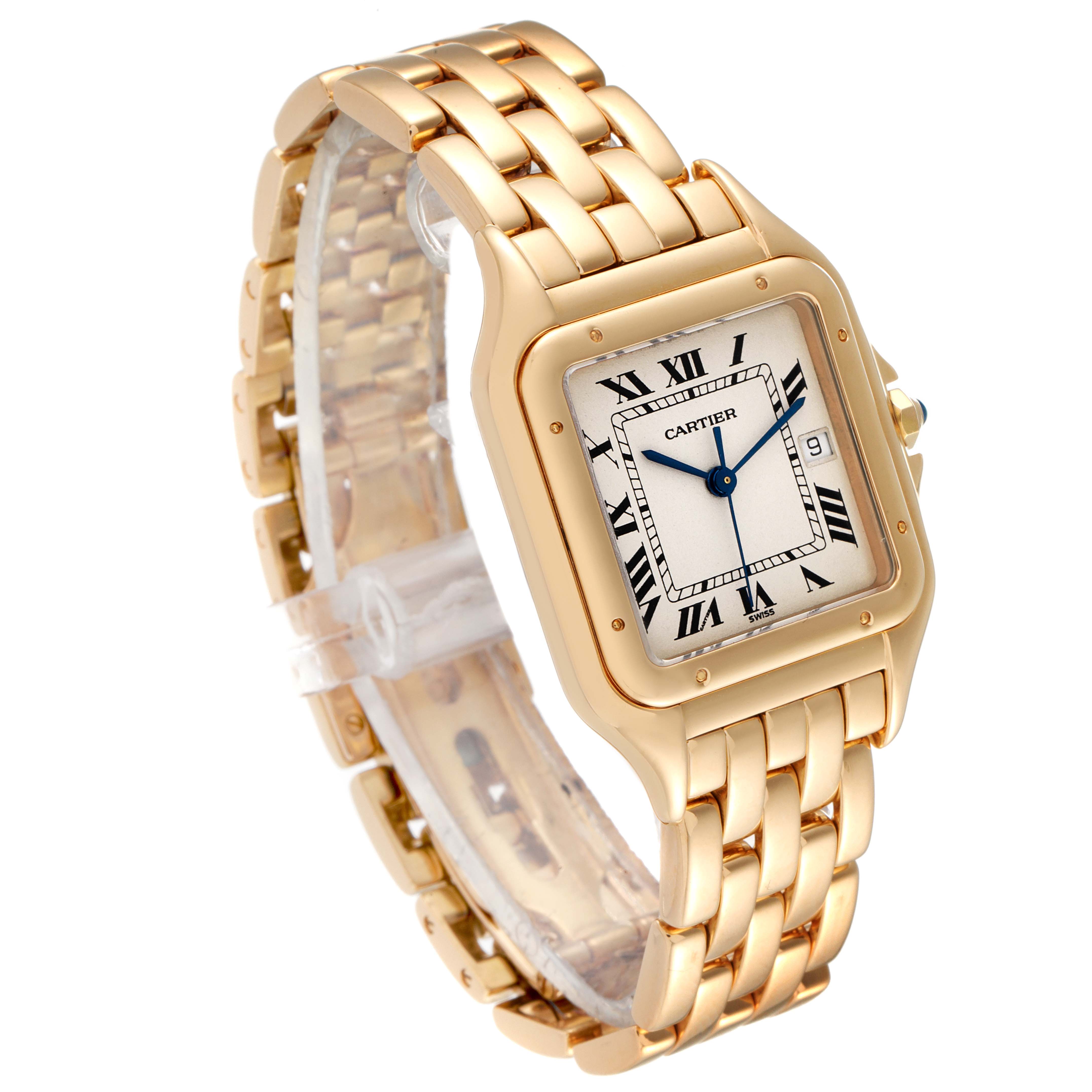 The image shows a Panthere de Cartier watch at an angled view, highlighting its gold bracelet and square face with Roman numerals.