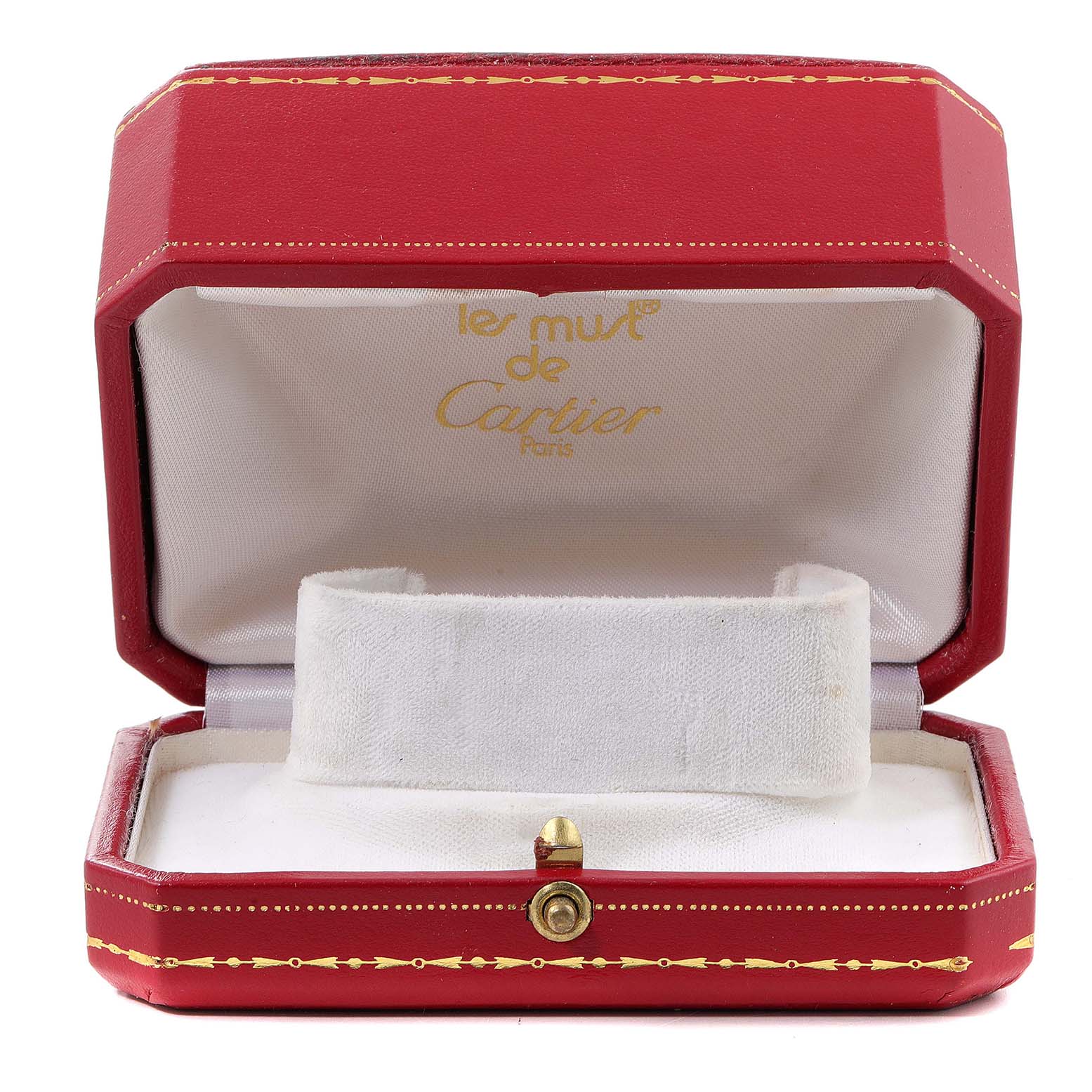 This image shows an open red Cartier watch box for the Panthere model.