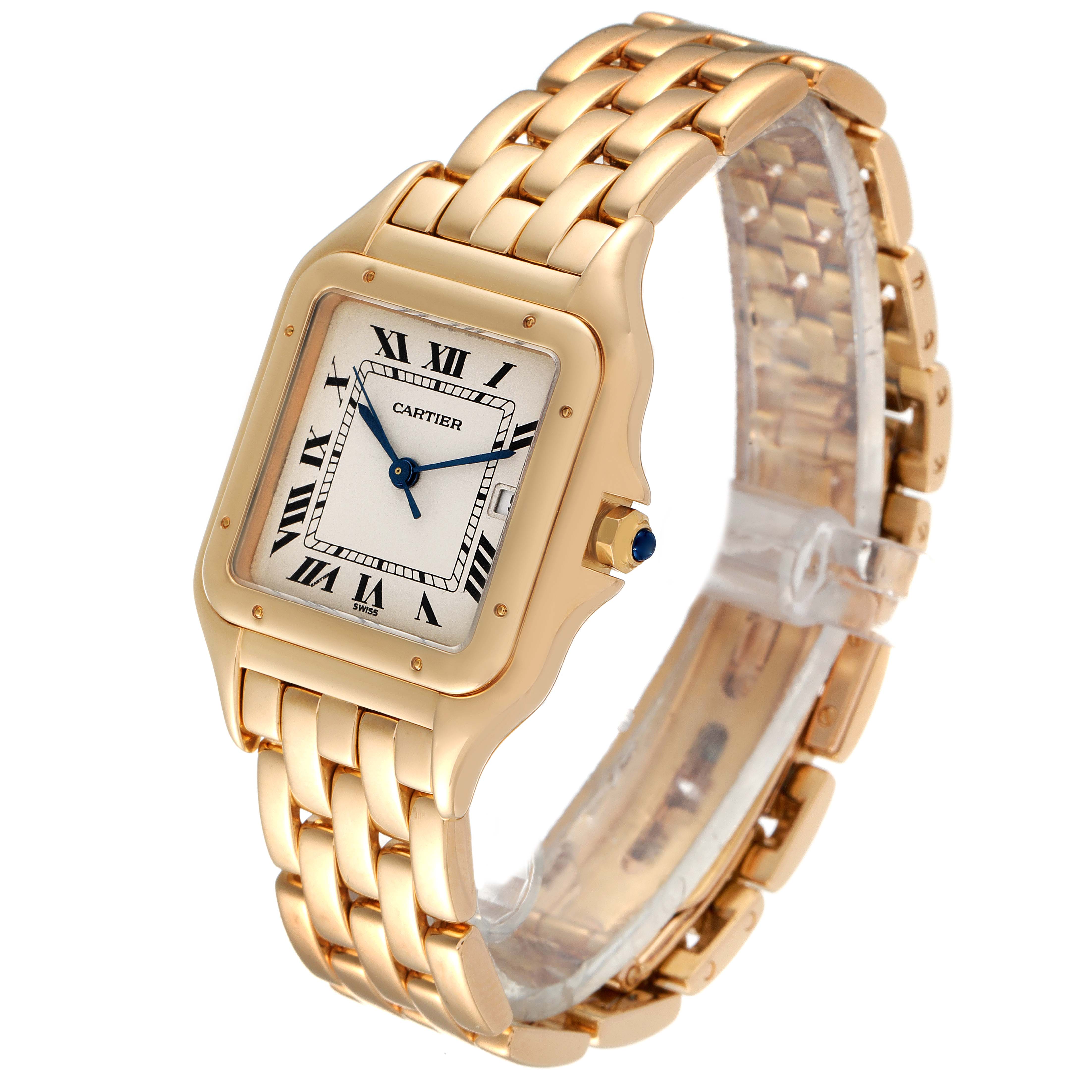 The image shows a Cartier Panthere W25014B9 Men's Yellow Gold Silver Dial W25014B9 Men's Yellow Gold Silver Dial watch from an angled front view, highlighting its gold case, bracelet, and dial.