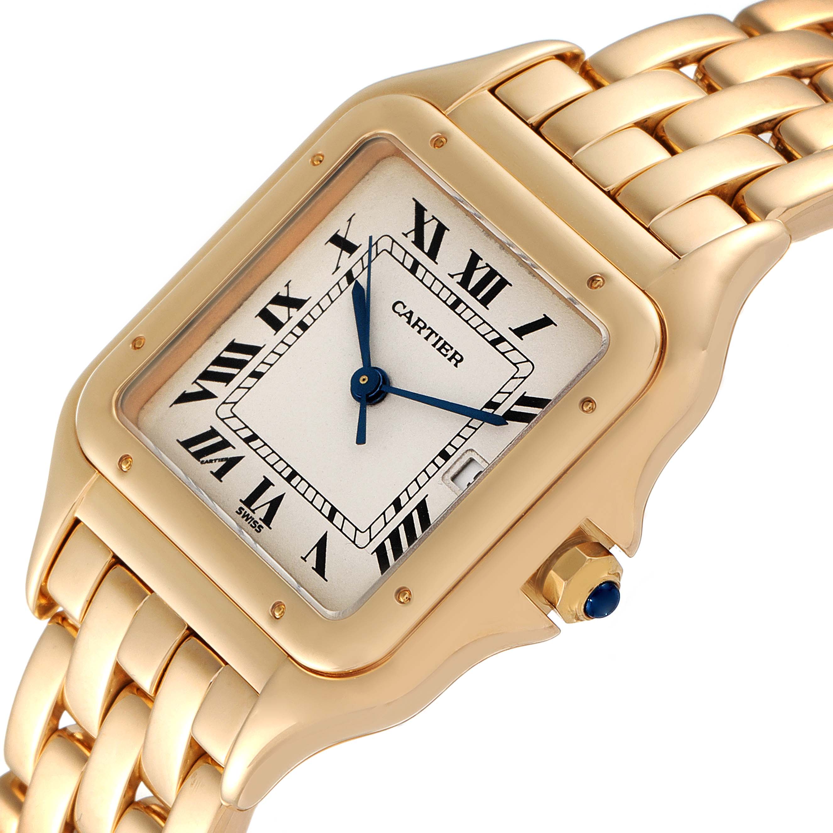 This image shows a Panthere model watch by Cartier at an angle highlighting its gold case, bracelet, and Roman numeral dial.