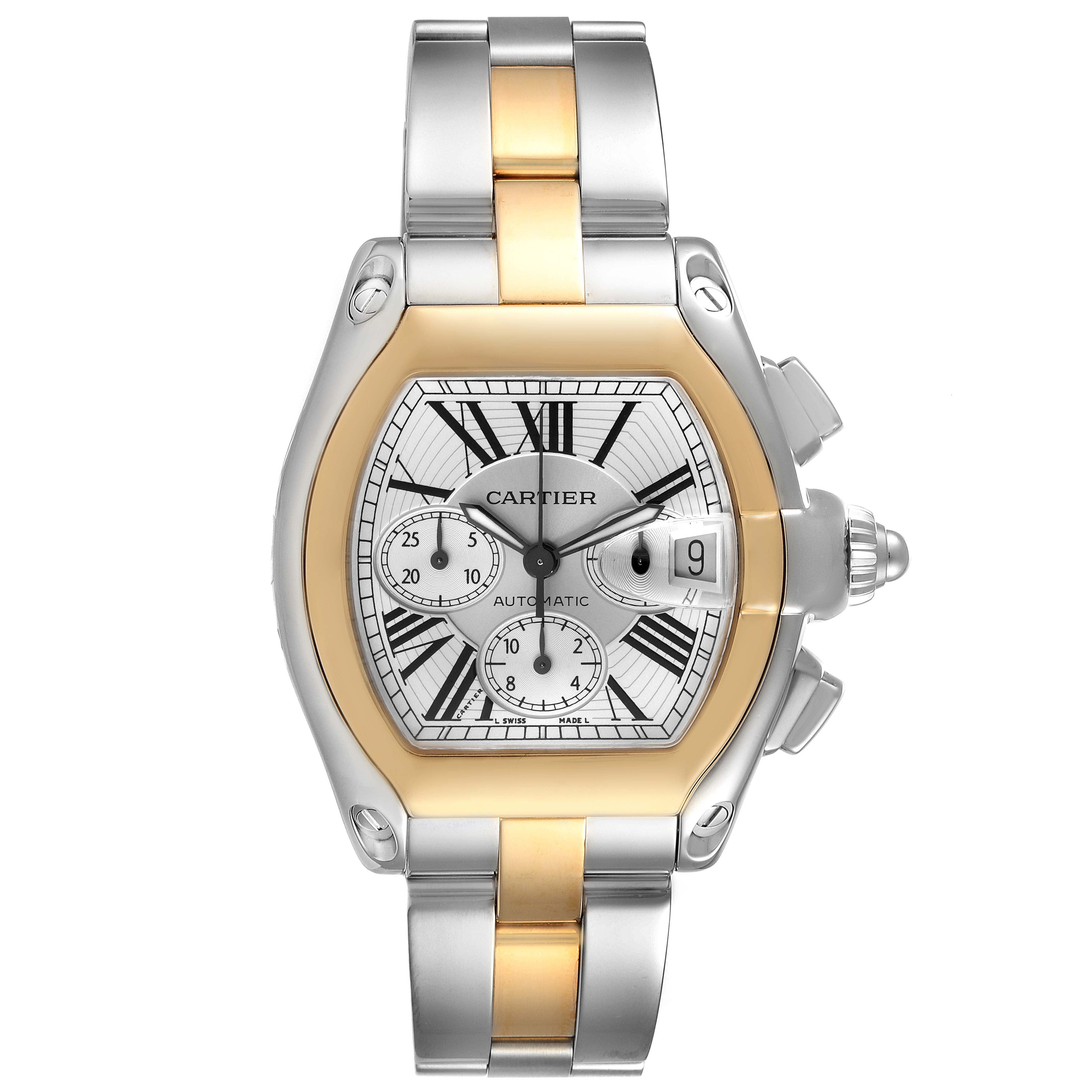 The image shows a front view of the Cartier Roadster W62027Z1 Men
s Steel and Gold (two tone) Silver Dial W62027Z1 Men
s Steel and Gold (two tone) Silver Dial watch, detailing its dial, case, and two-tone bracelet.