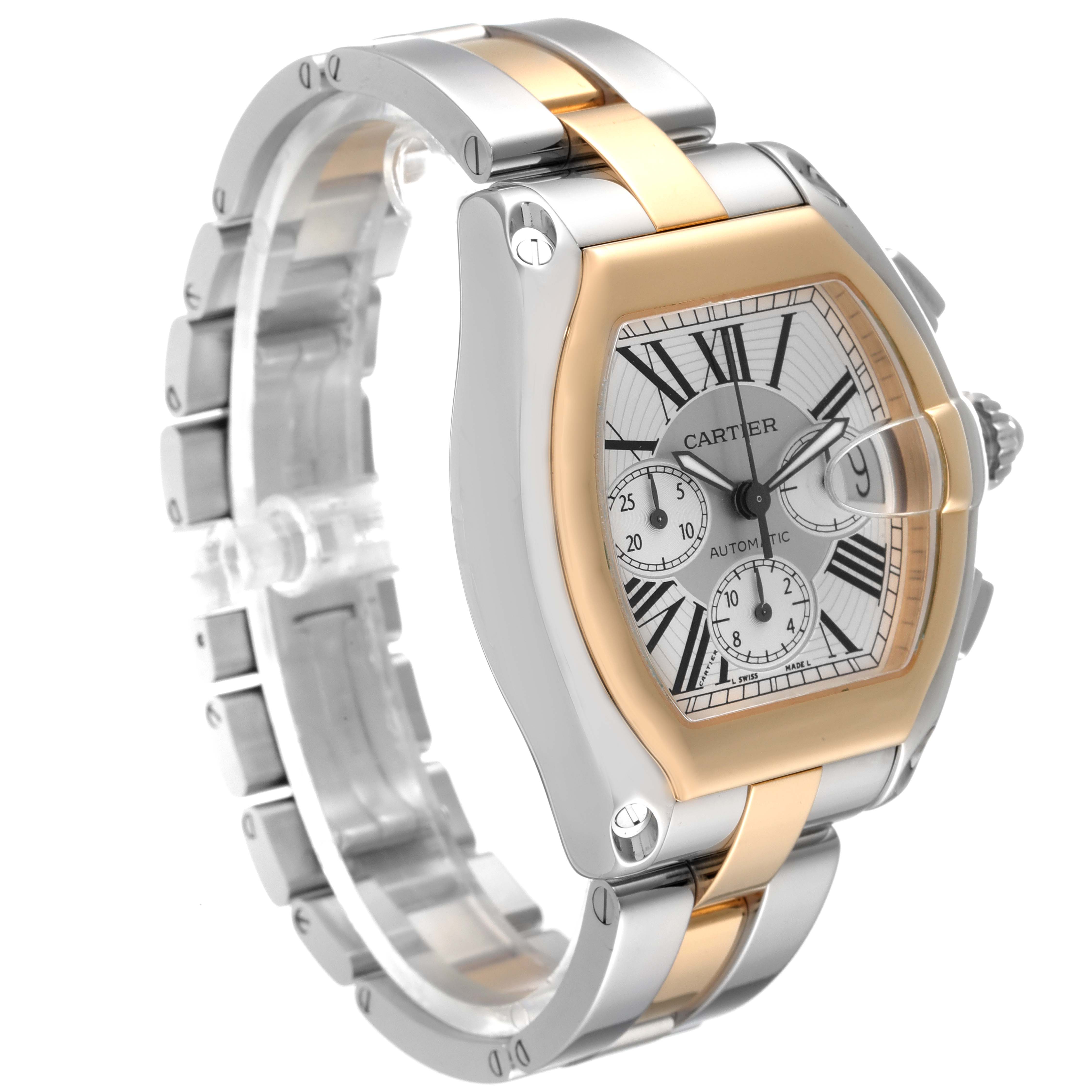 This image shows a Cartier Roadster W62027Z1 Men
s Steel and Gold (two tone) Silver Dial W62027Z1 Men
s Steel and Gold (two tone) Silver Dial watch
s angled side view, highlighting the bracelet, case, and dial.