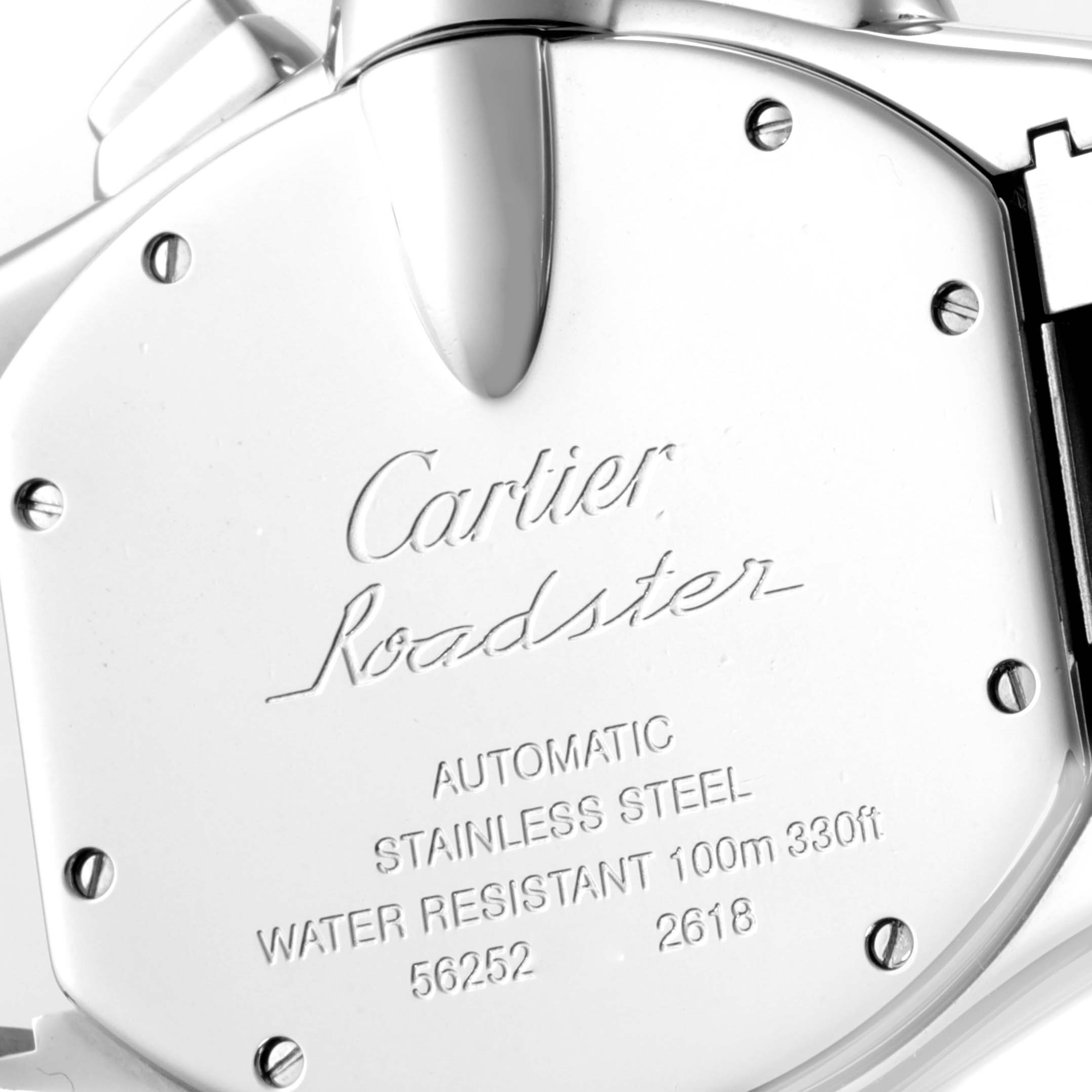 This image shows the engraved stainless steel back cover of a Cartier Roadster W62027Z1 Men
s Steel and Gold (two tone) Silver Dial W62027Z1 Men
s Steel and Gold (two tone) Silver Dial watch.