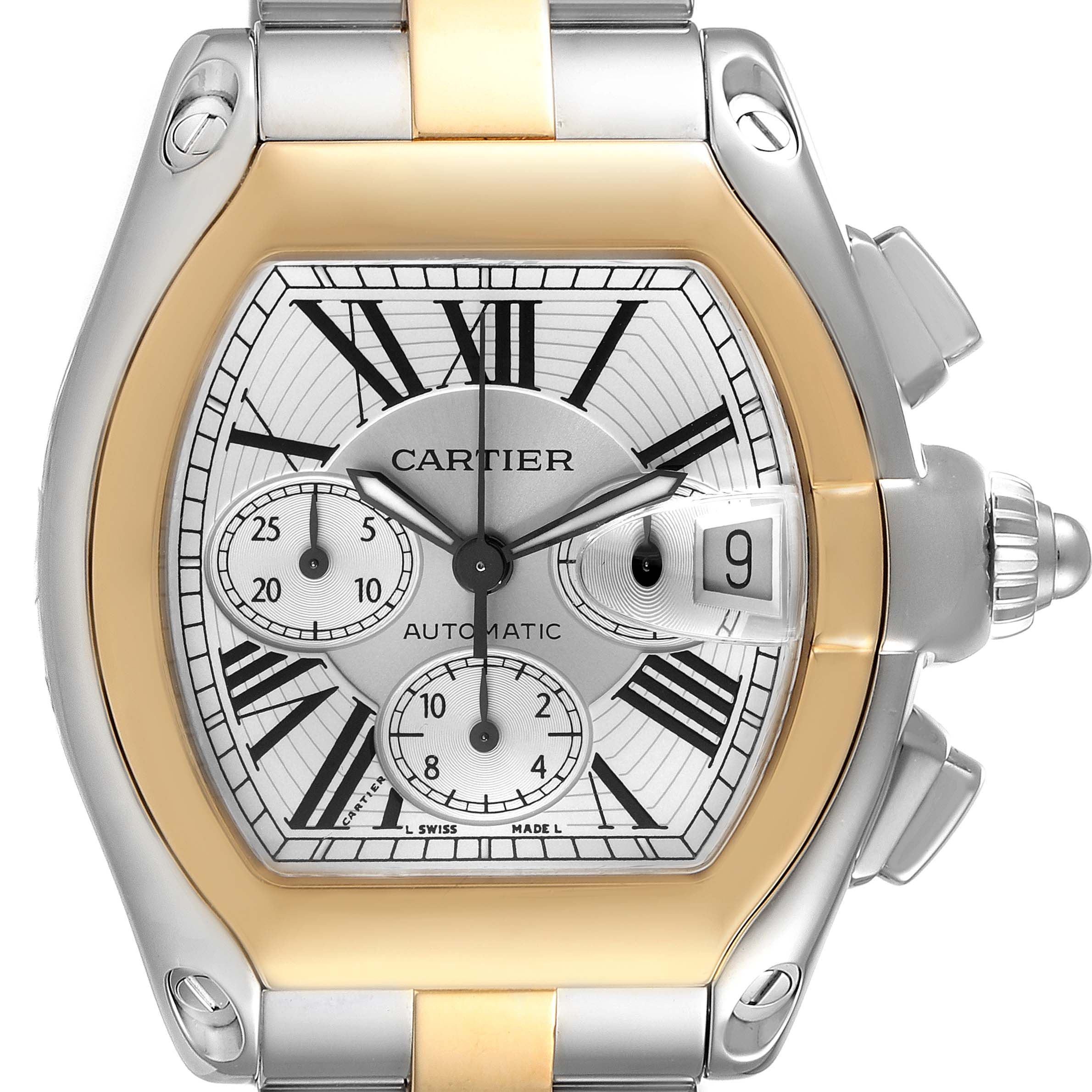 The image shows a close-up of the Cartier Roadster W62027Z1 Men
s Steel and Gold (two tone) Silver Dial W62027Z1 Men
s Steel and Gold (two tone) Silver Dial watch, featuring its dial, case, and crown from the front view.