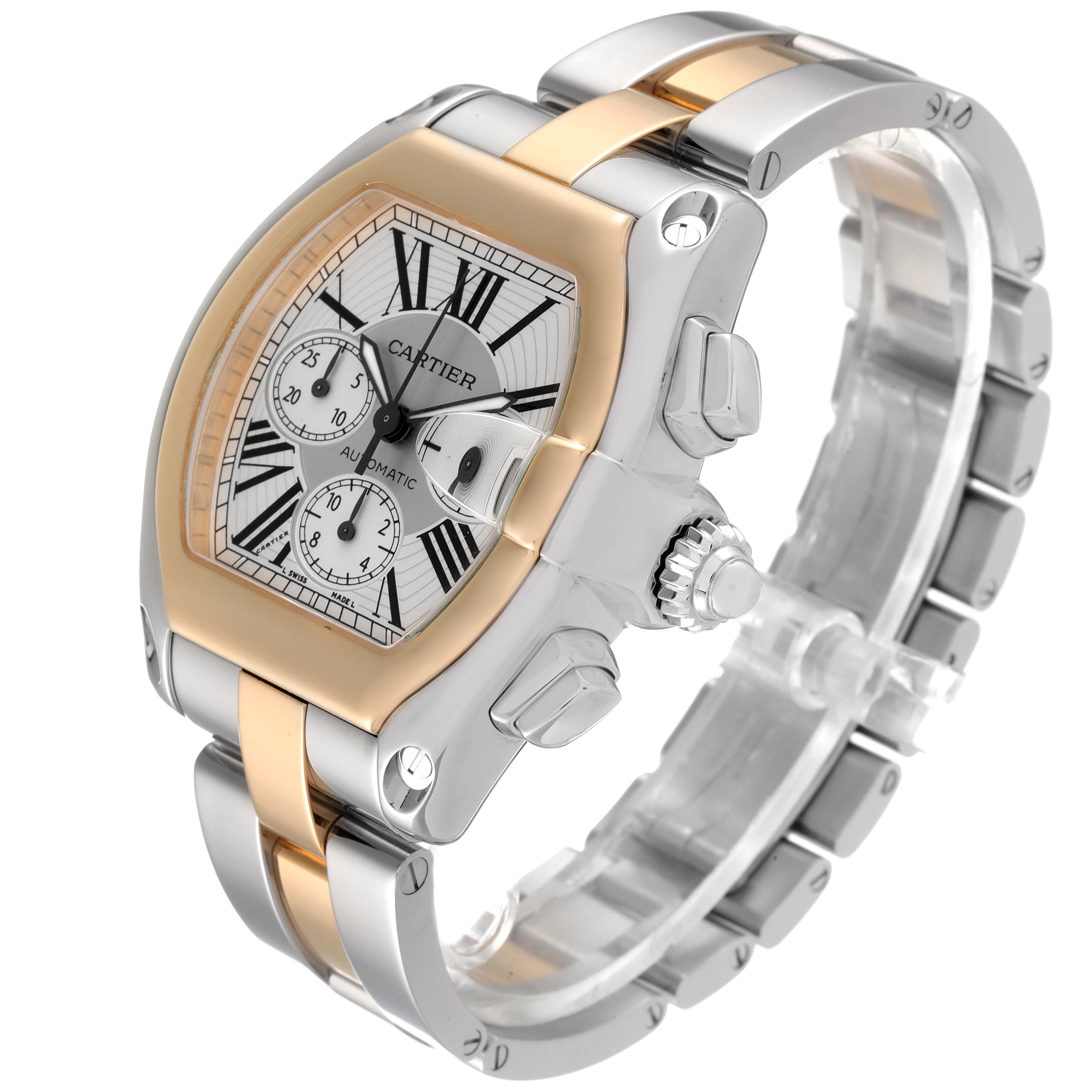 The image shows a Cartier Roadster W62027Z1 Men
s Steel and Gold (two tone) Silver Dial W62027Z1 Men
s Steel and Gold (two tone) Silver Dial watch at a 3/4 angle, highlighting the face, bezel, crown, and bracelet.