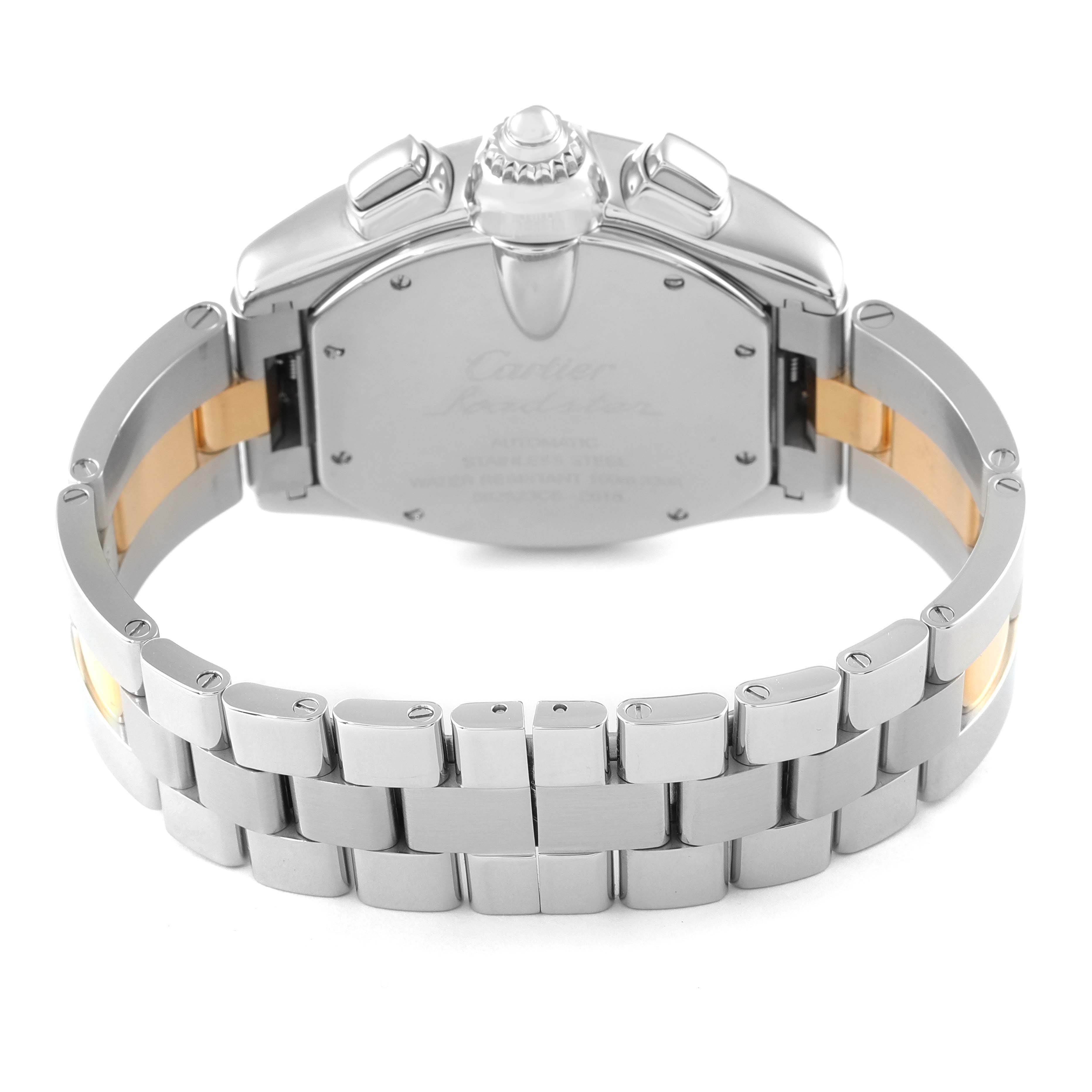 The image shows the back view of a Cartier Roadster W62027Z1 Men
s Steel and Gold (two tone) Silver Dial W62027Z1 Men
s Steel and Gold (two tone) Silver Dial watch, highlighting the case back and metal bracelet.