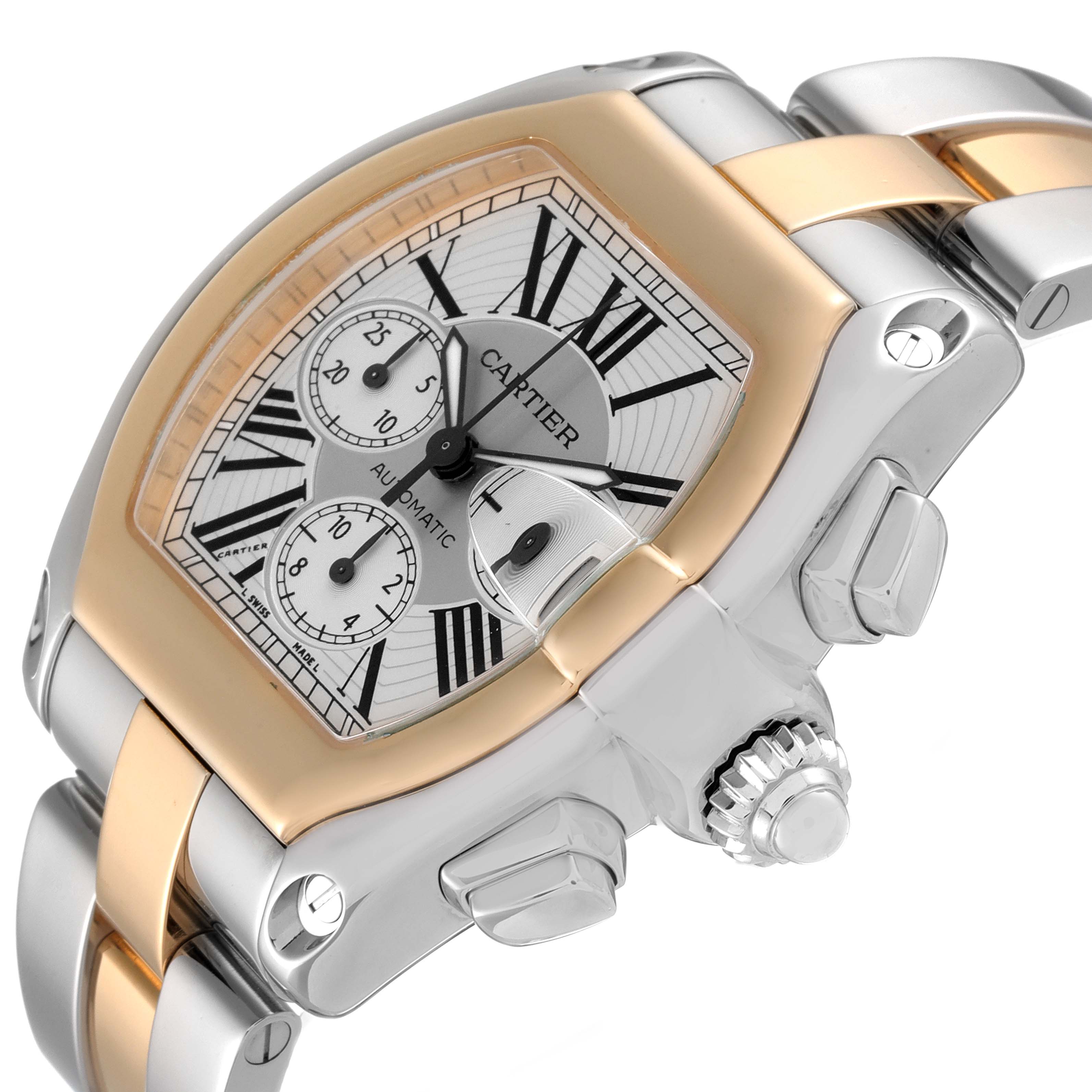 The image shows a close-up angle of the Cartier Roadster W62027Z1 Men
s Steel and Gold (two tone) Silver Dial W62027Z1 Men
s Steel and Gold (two tone) Silver Dial watch, highlighting the face, crown, and part of the bracelet.