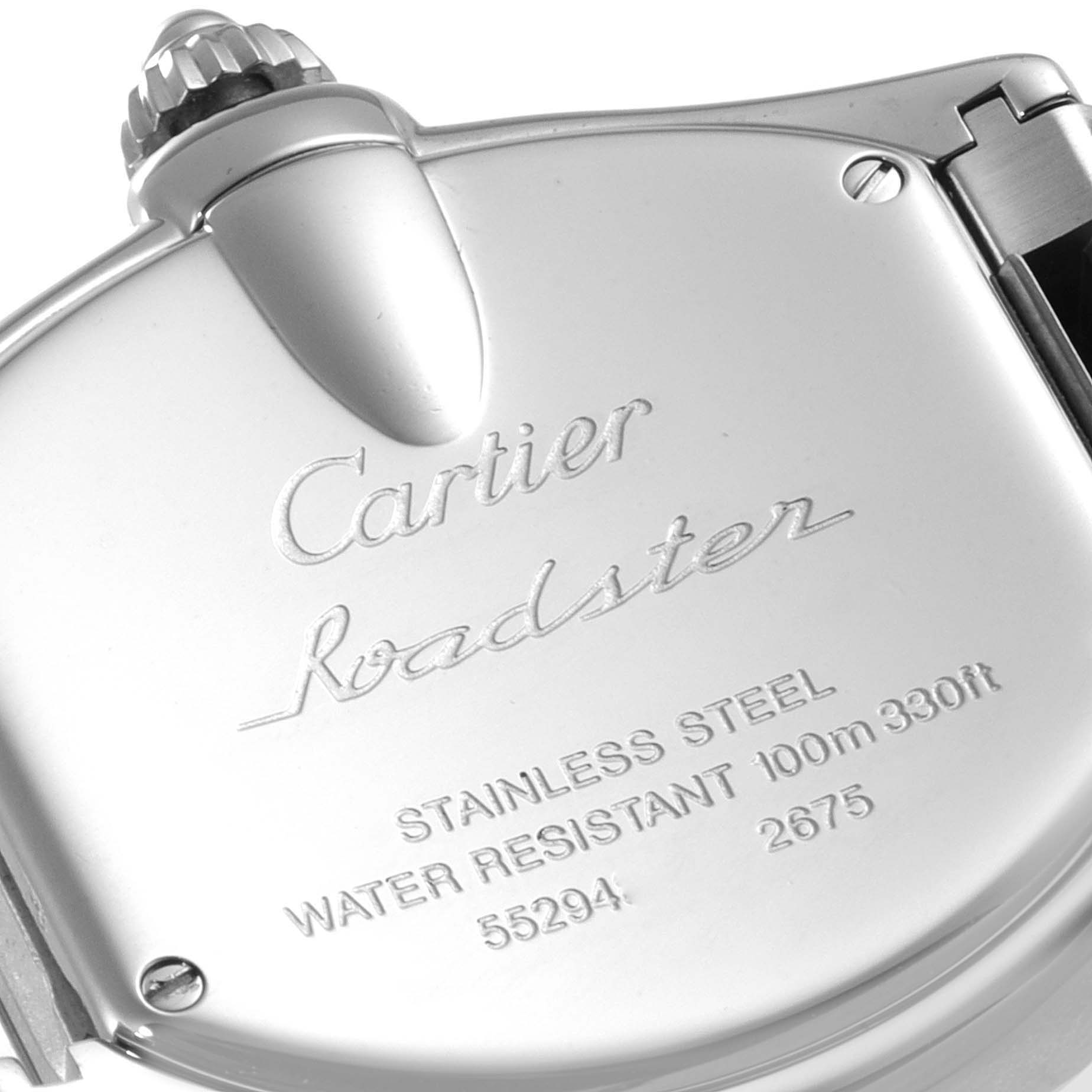 The image shows the back case of a Cartier Roadster W62016V3 Women
s Stainless Steel Silver Dial W62016V3 Women
s Stainless Steel Silver Dial watch, highlighting the brand, model, and specifications engraved on it.