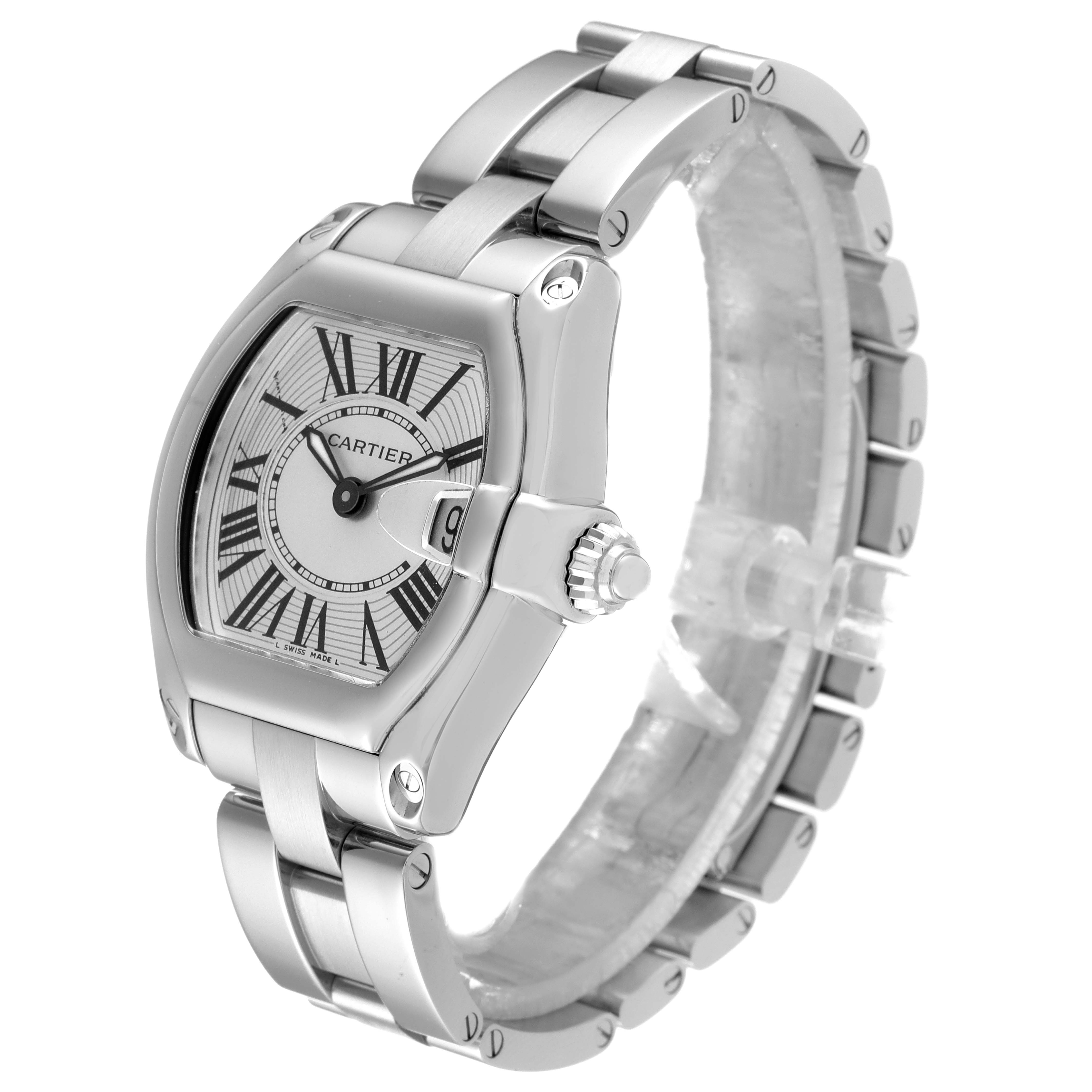 The image shows a Cartier Roadster W62016V3 Women
s Stainless Steel Silver Dial W62016V3 Women
s Stainless Steel Silver Dial watch, angled to display the face, winder, and part of the bracelet.