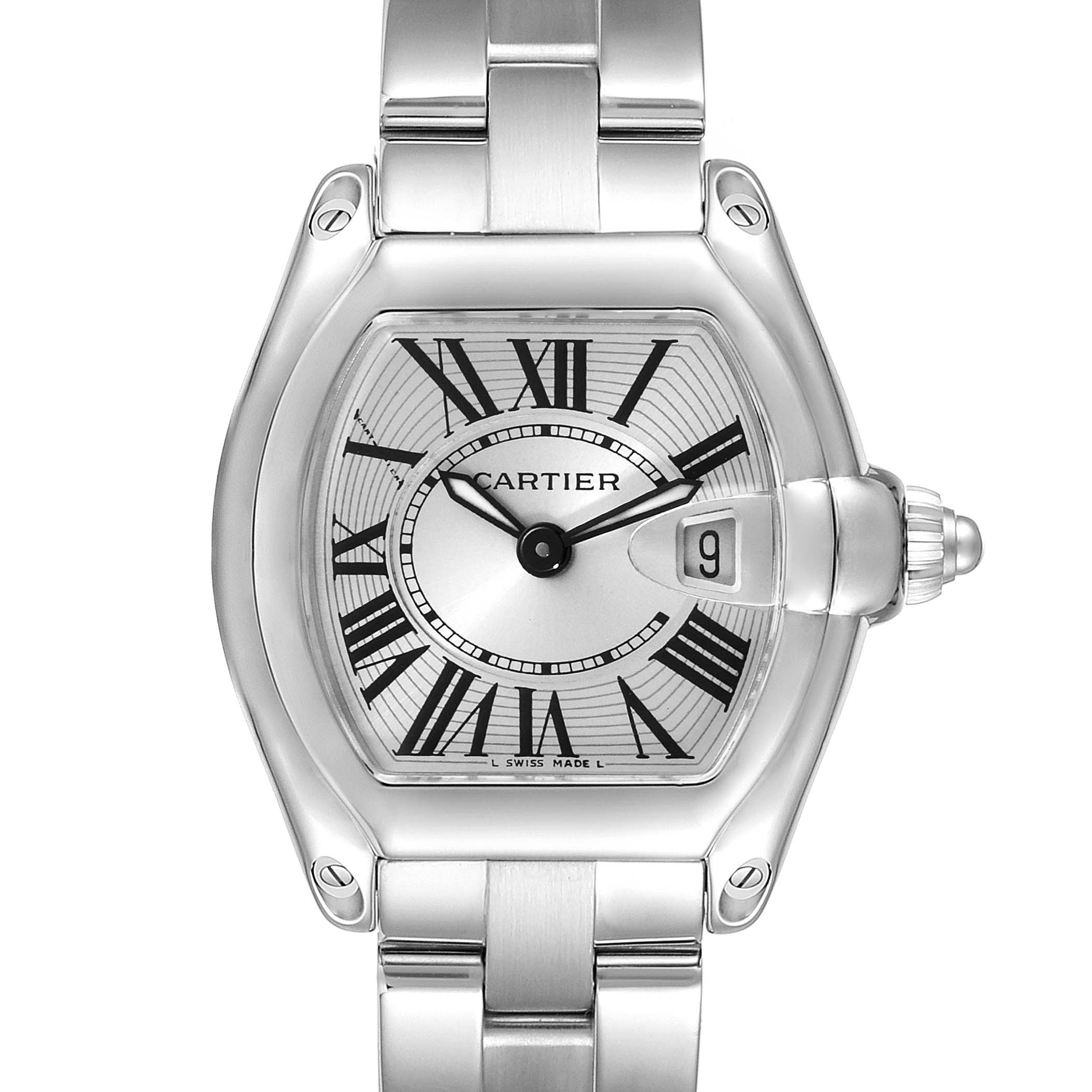 The image shows a front view of the Cartier Roadster W62016V3 Women
s Stainless Steel Silver Dial W62016V3 Women
s Stainless Steel Silver Dial watch, highlighting the dial, case, and bracelet.