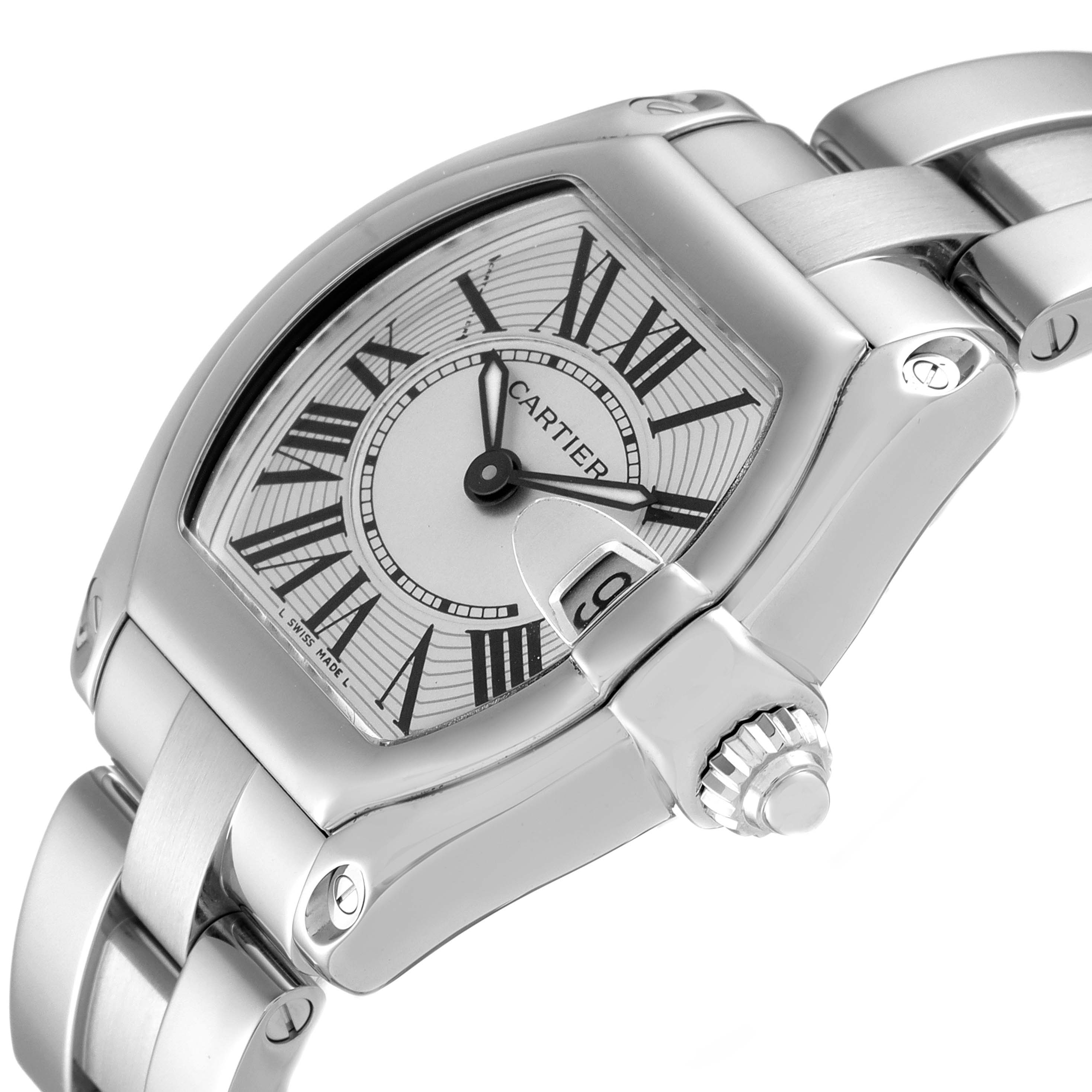 The image shows a close-up angle of the Cartier Roadster W62016V3 Women
s Stainless Steel Silver Dial W62016V3 Women
s Stainless Steel Silver Dial watch, highlighting the dial, crown, and part of the bracelet.