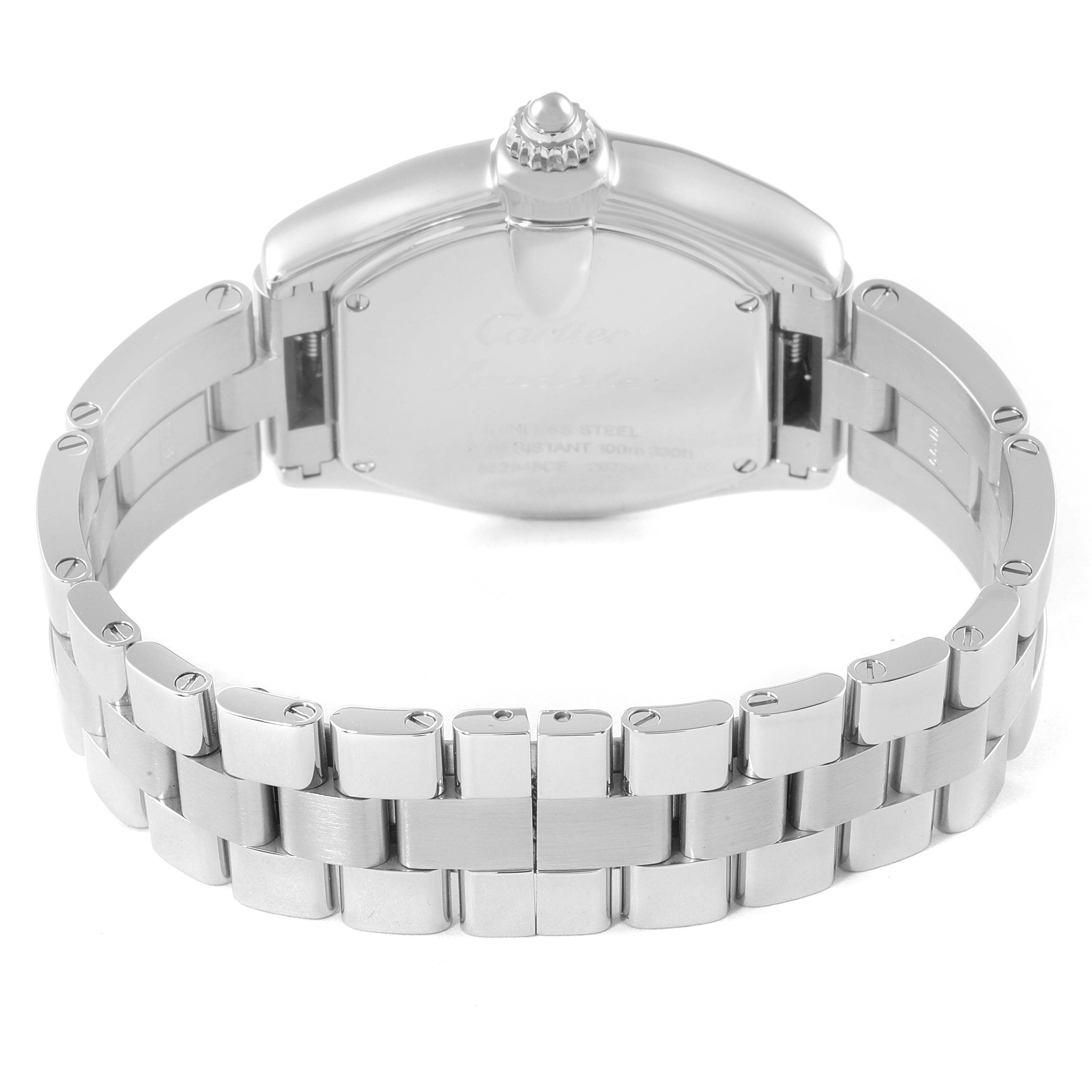 This image shows the back view and bracelet of a Cartier Roadster W62016V3 Women
s Stainless Steel Silver Dial W62016V3 Women
s Stainless Steel Silver Dial watch.