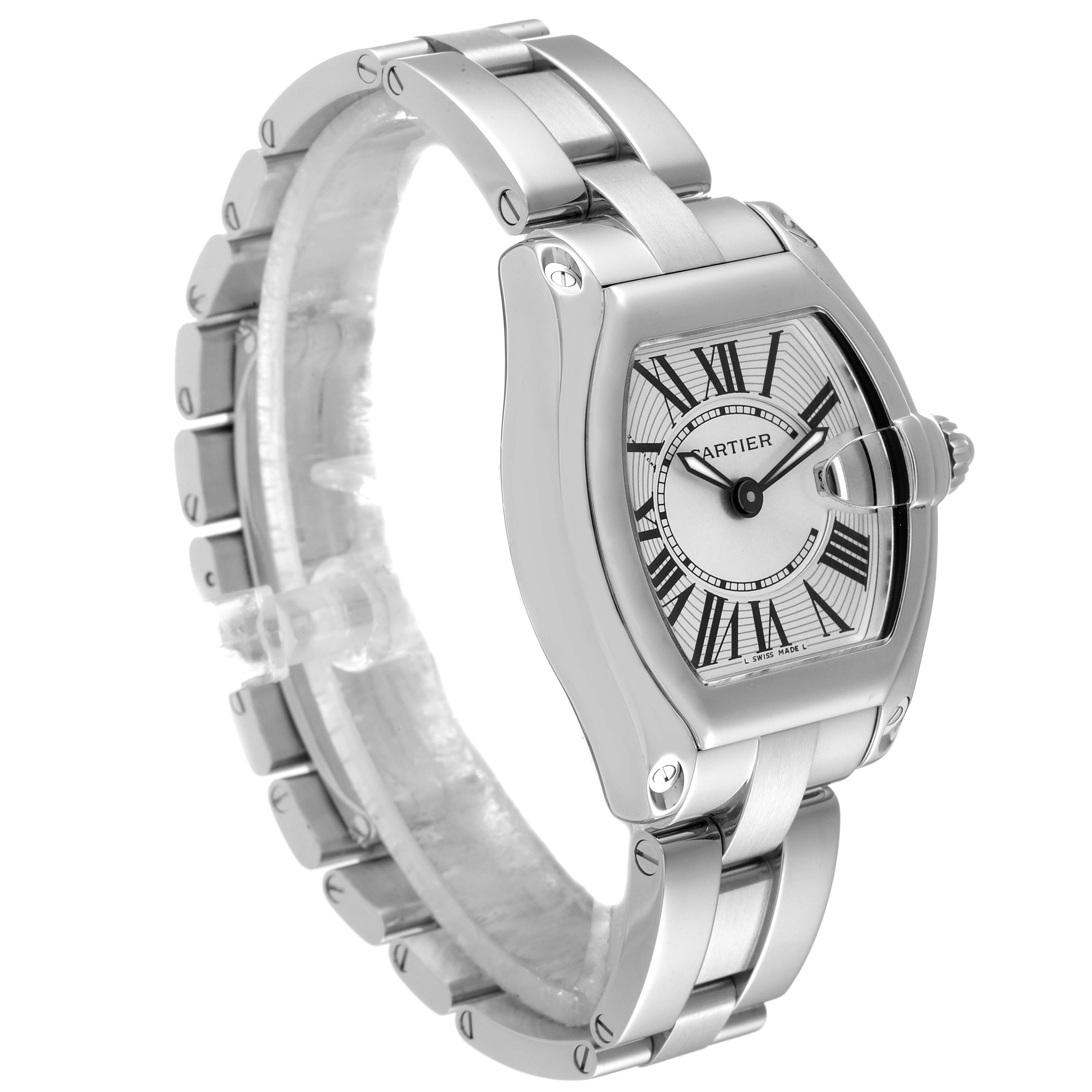 The Cartier Roadster W62016V3 Women
s Stainless Steel Silver Dial W62016V3 Women
s Stainless Steel Silver Dial watch is shown from an angle highlighting its face and bracelet, displaying its Roman numeral dial and polished links.