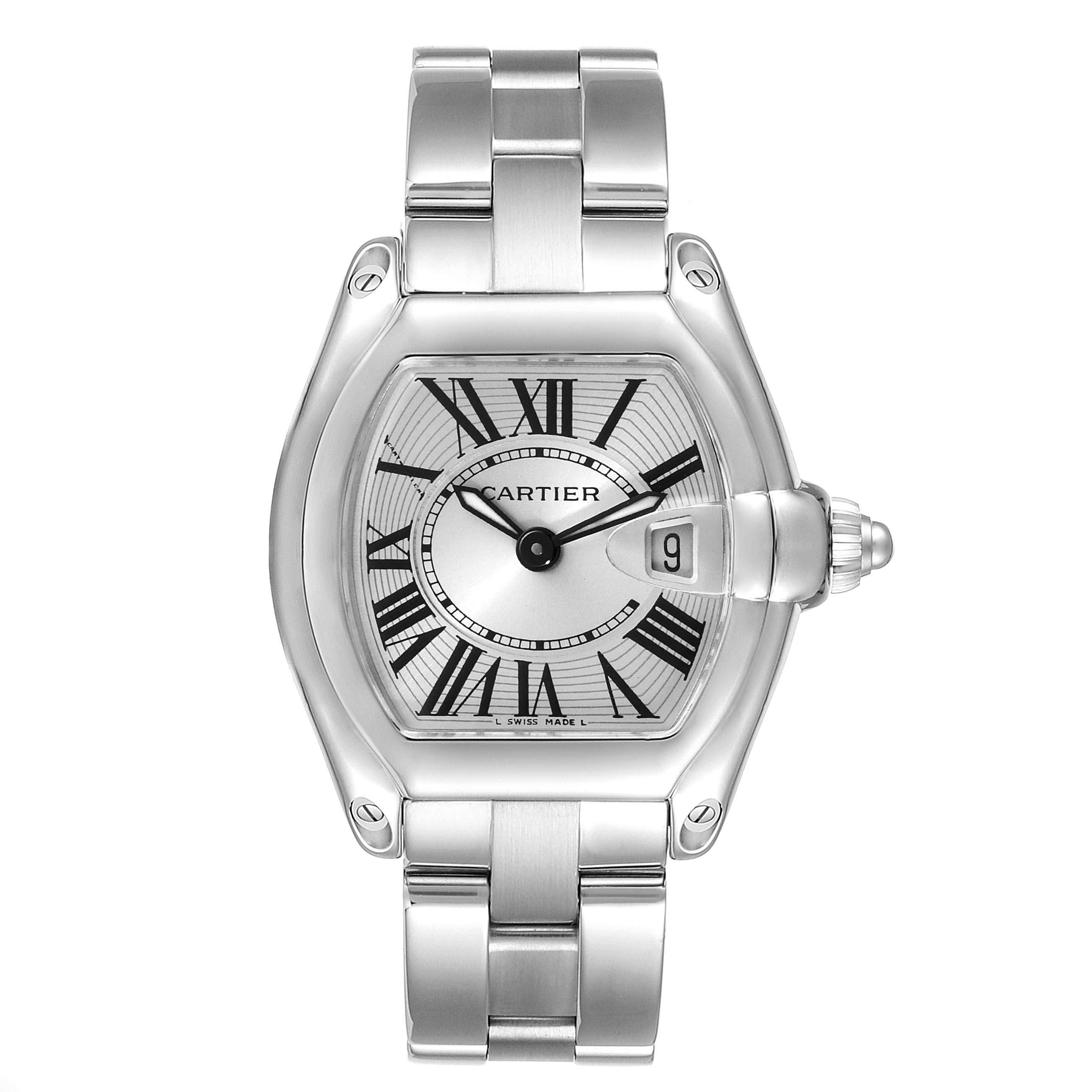 The image shows a front view of the Cartier Roadster W62016V3 Women
s Stainless Steel Silver Dial W62016V3 Women
s Stainless Steel Silver Dial watch, highlighting the dial, bezel, bracelet, and crown.
