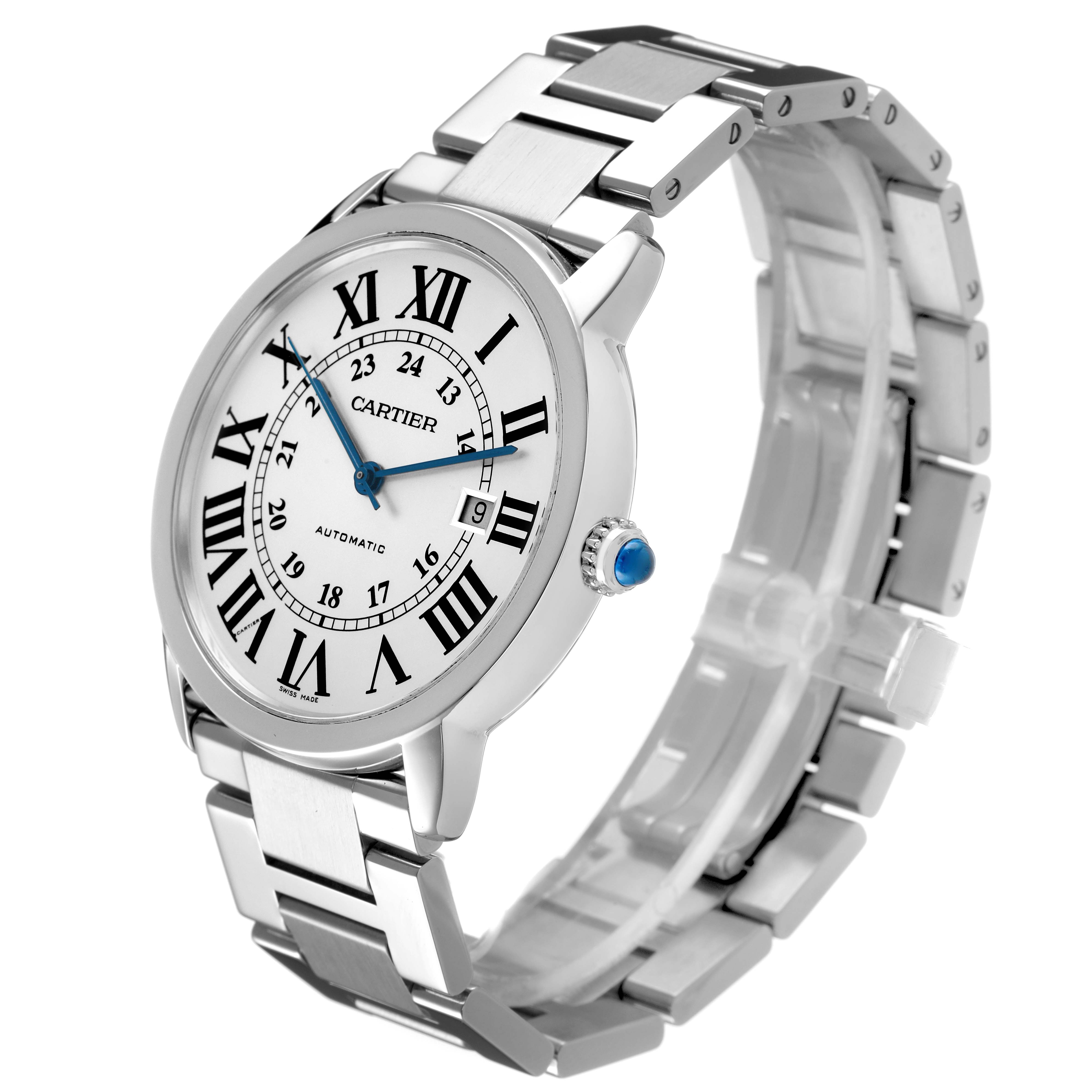 The Cartier Ronde W6701011 Men's Stainless Steel Silver Dial model watch is shown from a three-quarter angle, displaying the dial, bracelet, and crown.