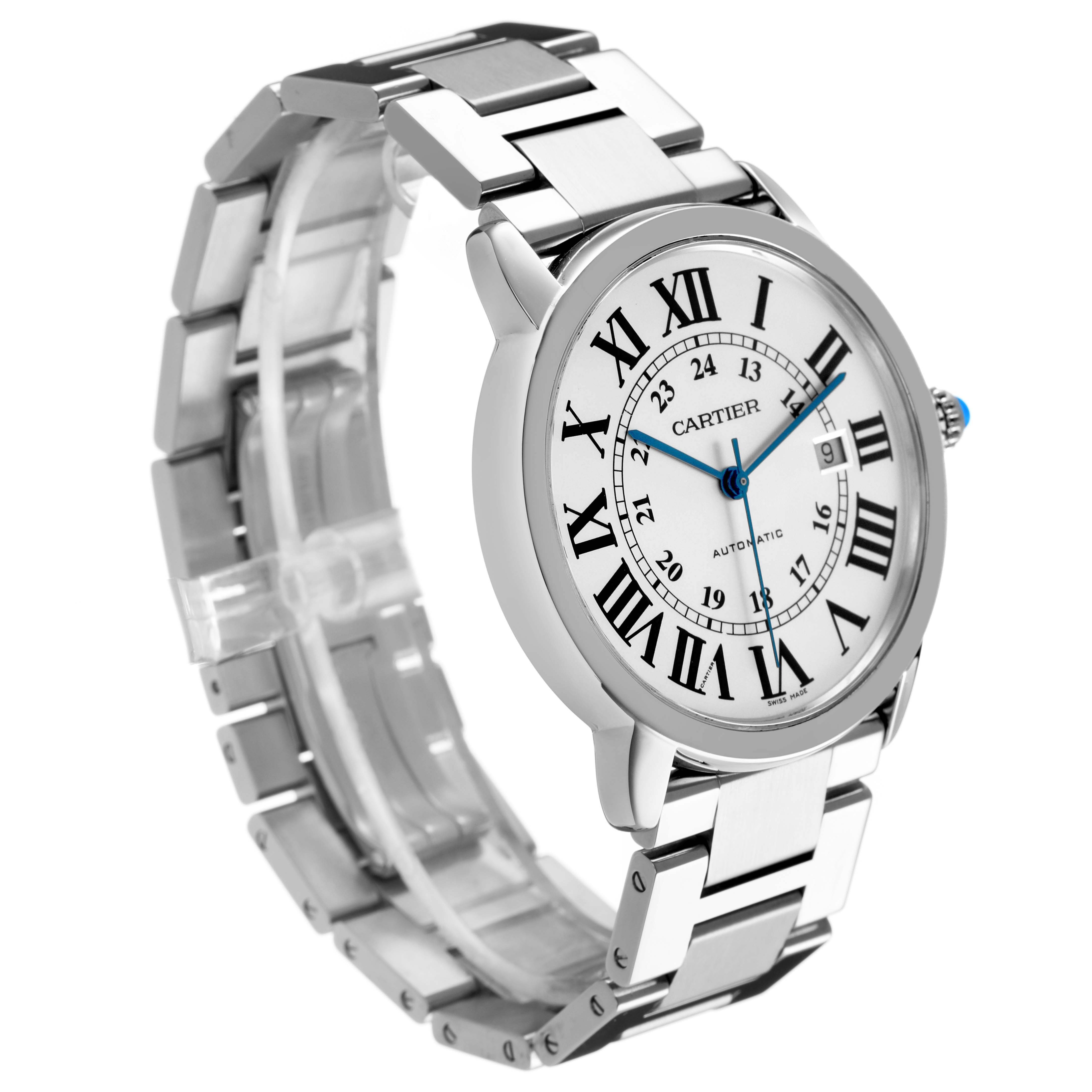 The Cartier Ronde W6701011 Men's Stainless Steel Silver Dial watch is shown at a three-quarter angle, displaying its face, stainless steel bracelet, and blue hands.