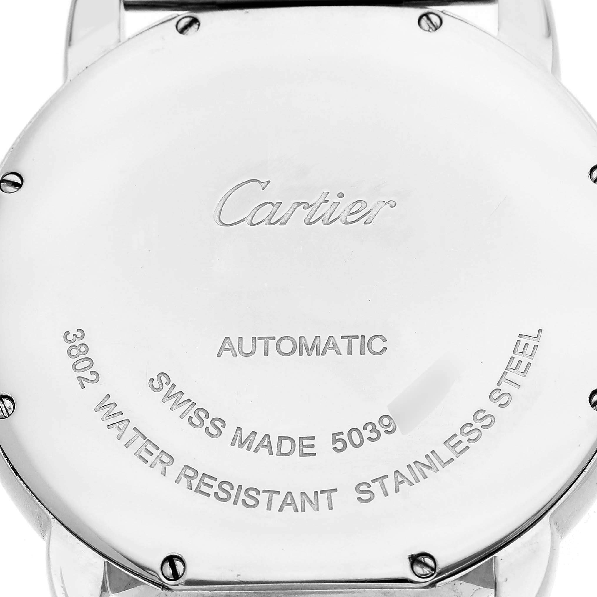 The image shows the back of a Cartier Ronde W6701011 Men's Stainless Steel Silver Dial watch, highlighting its engravings and stainless steel case.