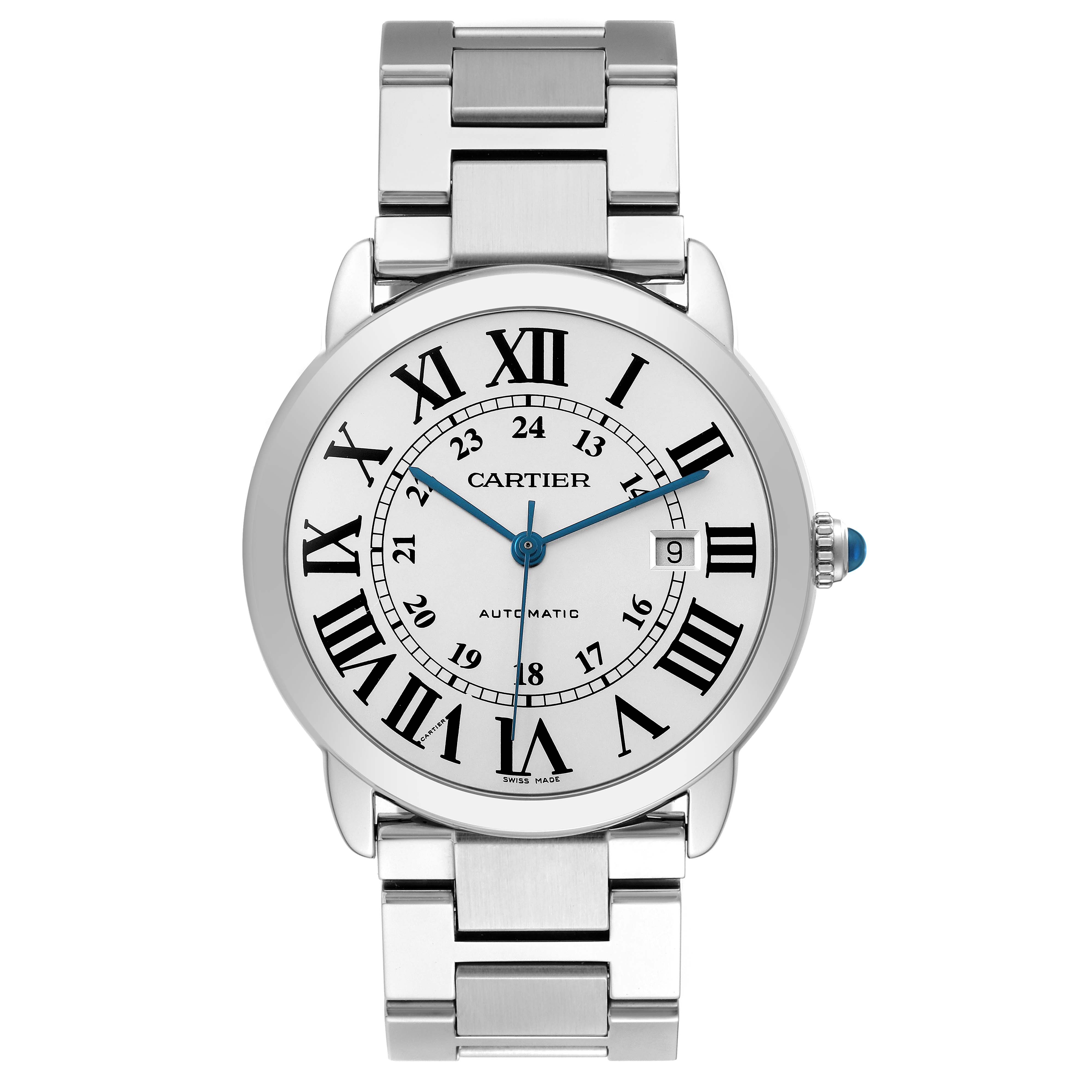 The Cartier Ronde W6701011 Men's Stainless Steel Silver Dial watch is shown from the front, highlighting its dial, bracelet, and crown with a blue gem.