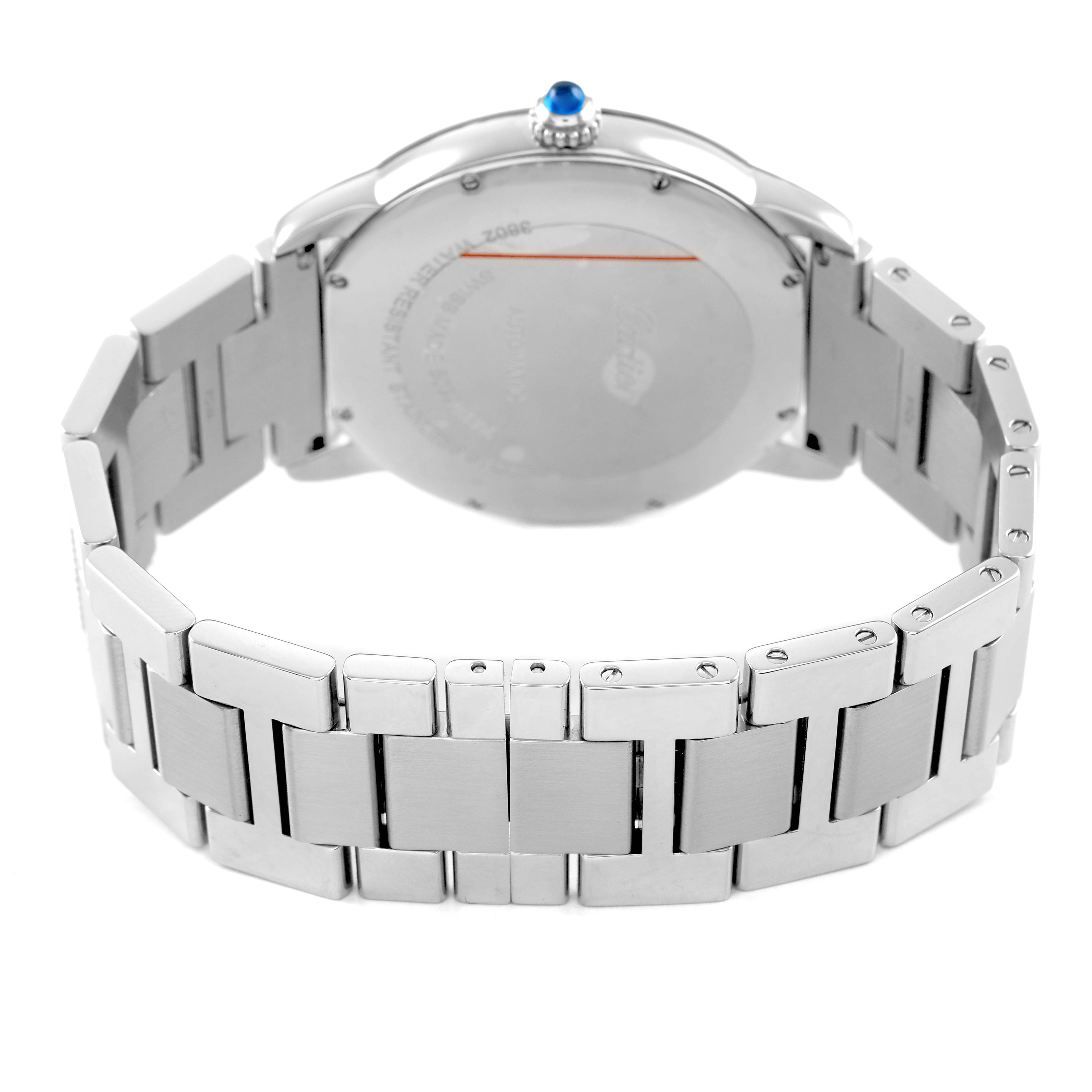 The image shows the back view of a Cartier Ronde W6701011 Men's Stainless Steel Silver Dial watch, focusing on its metal bracelet and case back.