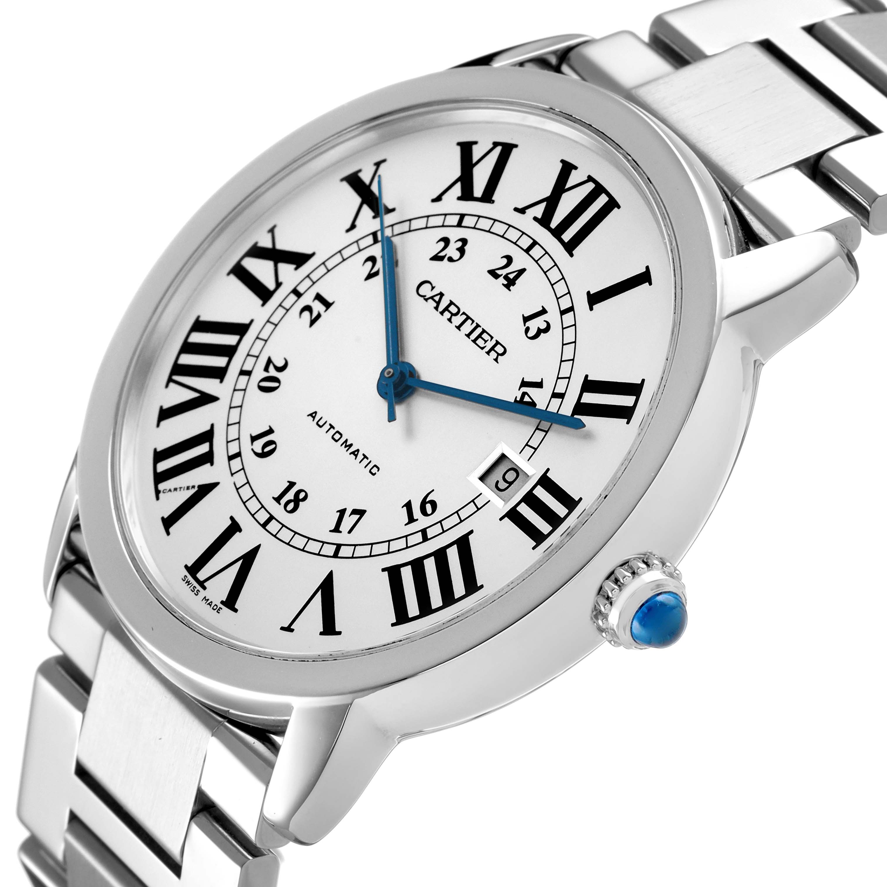 The Cartier Ronde W6701011 Men's Stainless Steel Silver Dial watch is shown at an angled view, highlighting the face, Roman numerals, blue hands, crown, and bracelet.