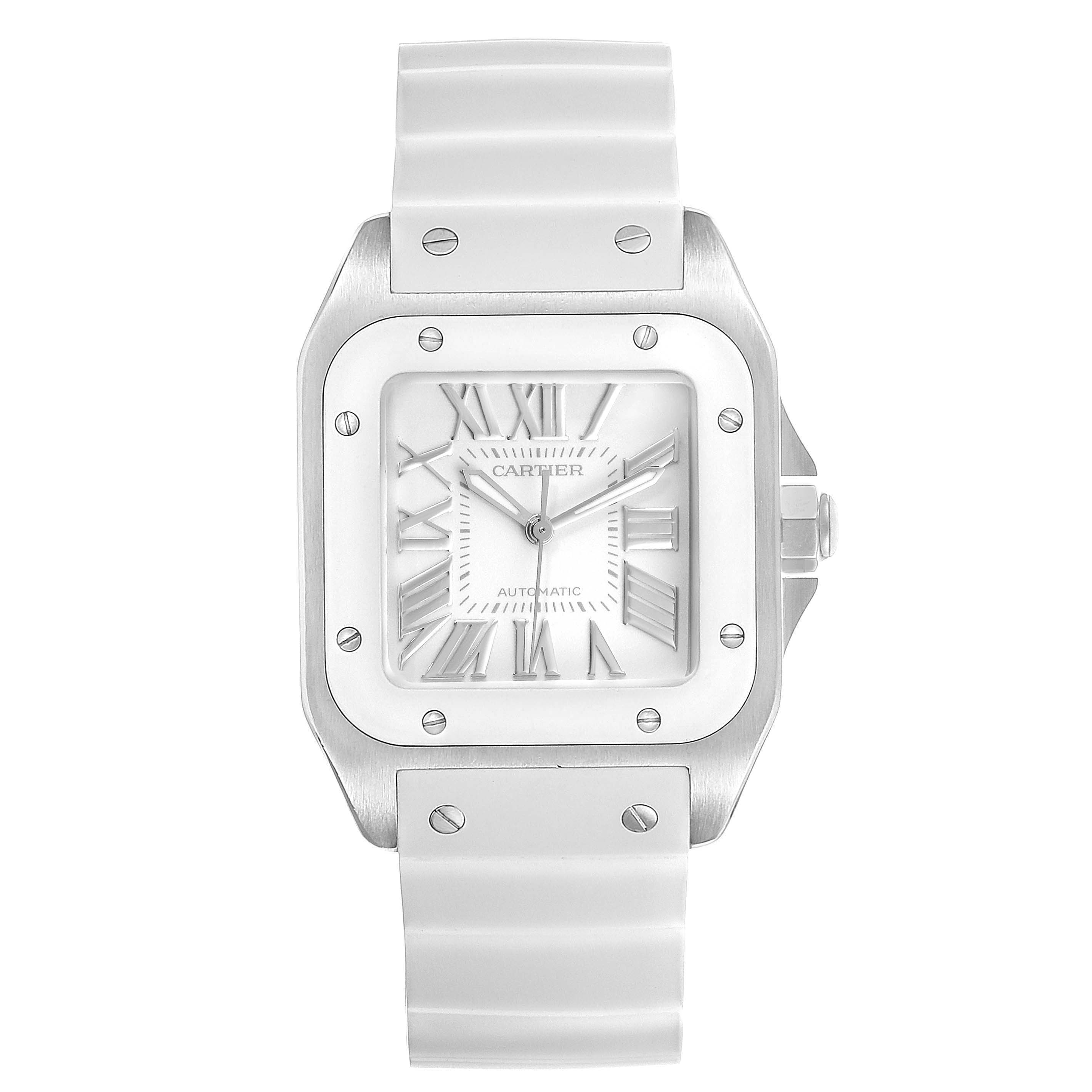 This image shows the Cartier Santos W20129U2 Women's Stainless Steel Silver Dial W20129U2 Women's Stainless Steel Silver Dial watch model from a front angle, displaying the dial, bezel, and strap.