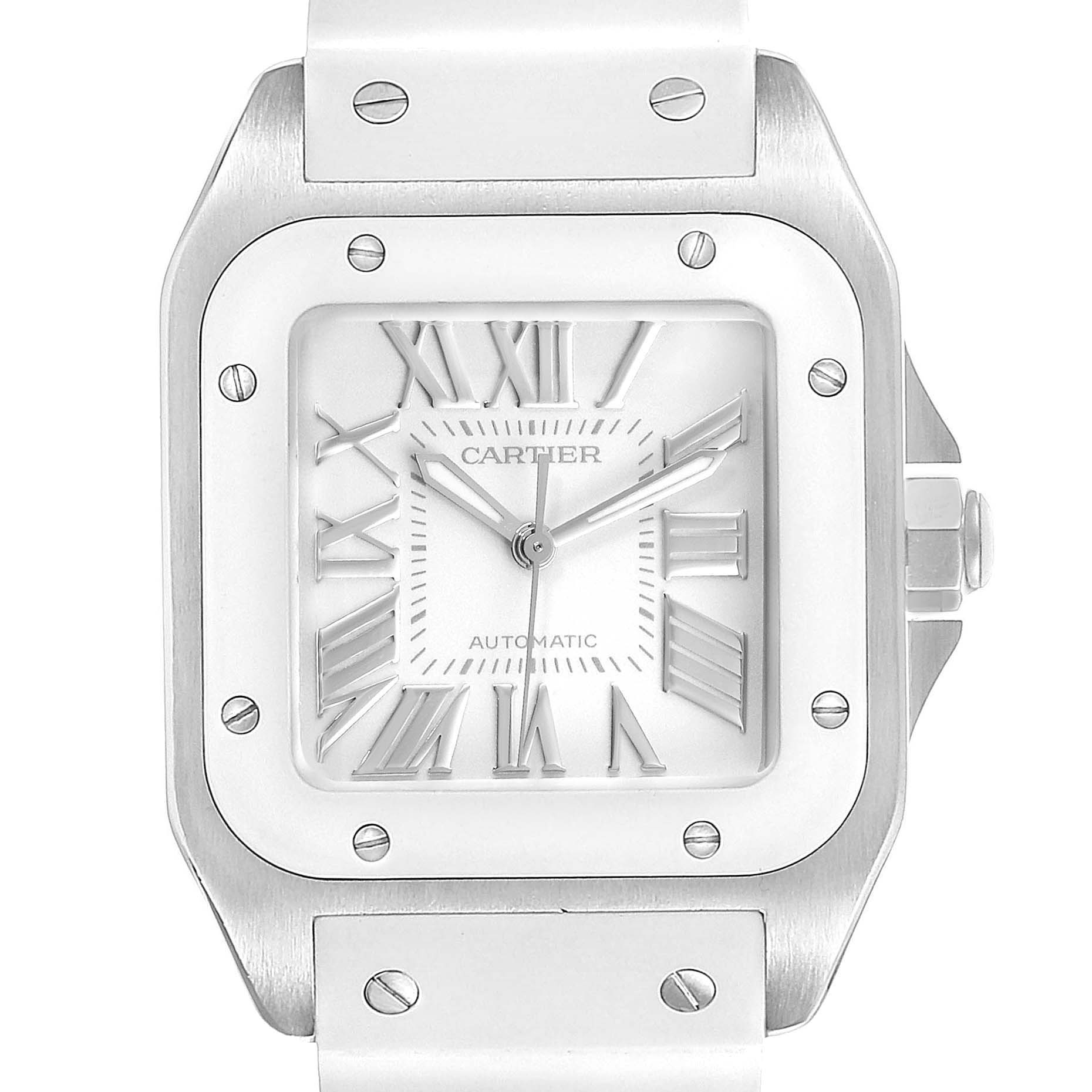 The image shows a frontal view of the Cartier Santos W20129U2 Women's Stainless Steel Silver Dial W20129U2 Women's Stainless Steel Silver Dial watch, displaying its bezel, dial, white Roman numerals, and strap.