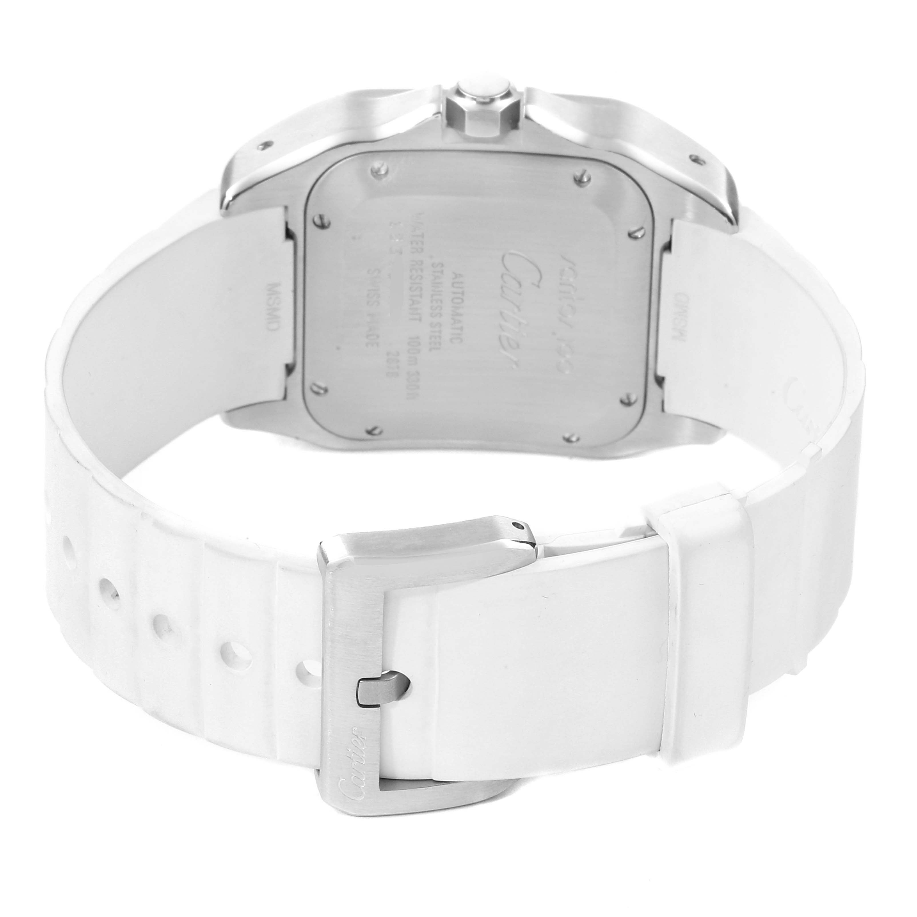 The image shows the back view of a Santos model by Cartier, highlighting the case back, crown, and white strap with buckle.