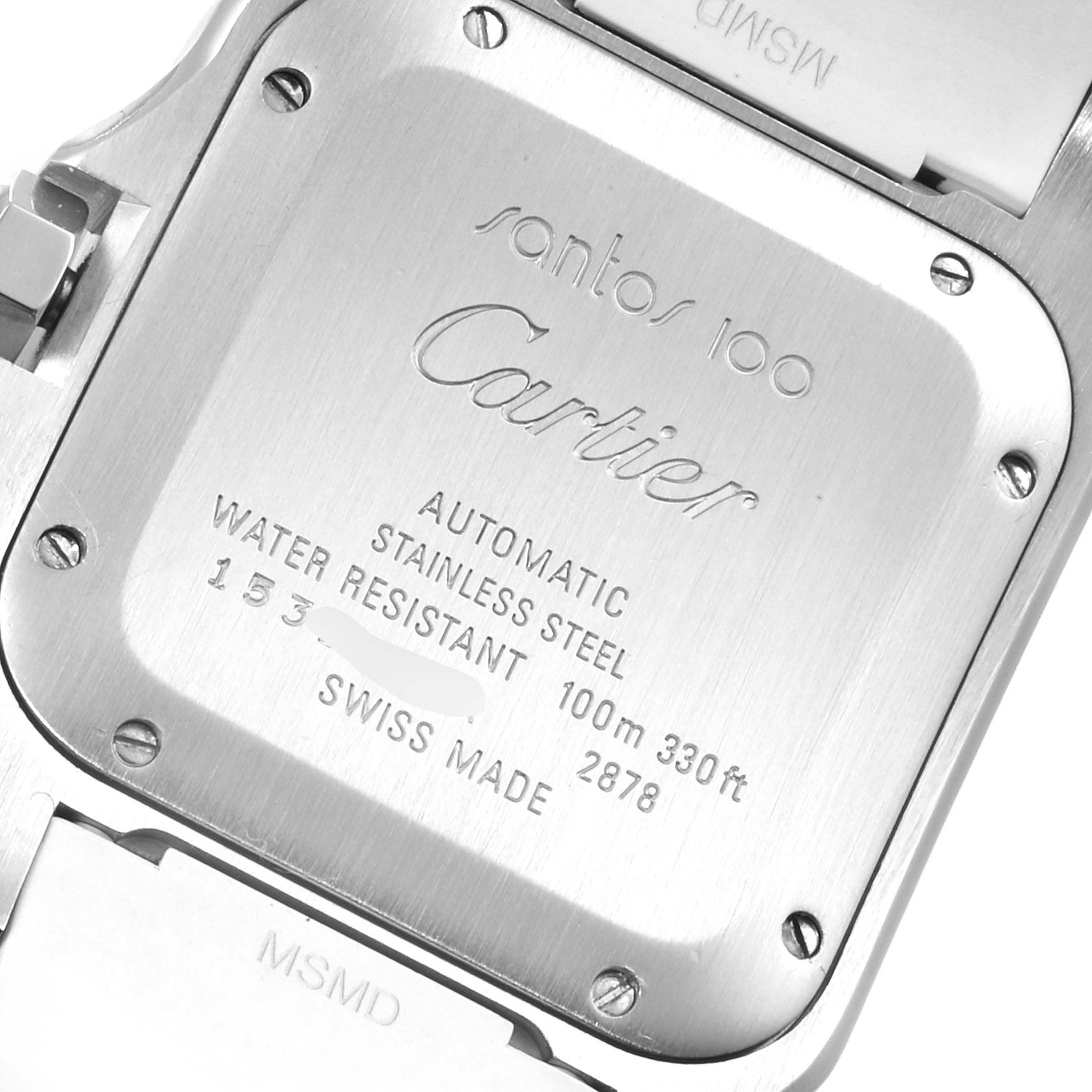 The image shows the case back of a Cartier Santos W20129U2 Women's Stainless Steel Silver Dial W20129U2 Women's Stainless Steel Silver Dial 100 watch, detailing its specifications.