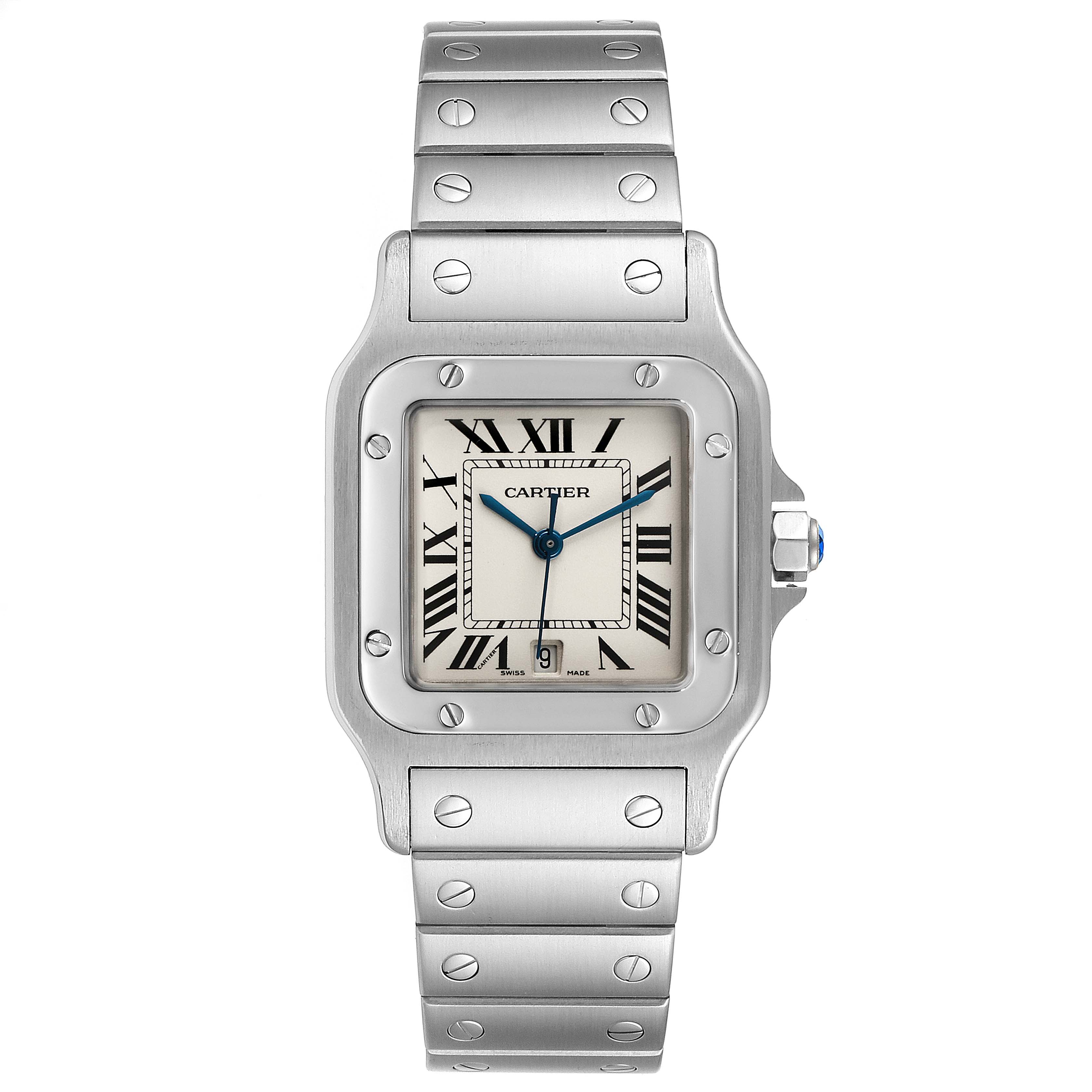 This is a front view of the Cartier Santos W20060D6 Men
s Stainless Steel Silver Dial W20060D6 Men
s Stainless Steel Silver Dial watch, showing the face, bezel, and stainless steel bracelet with screws.