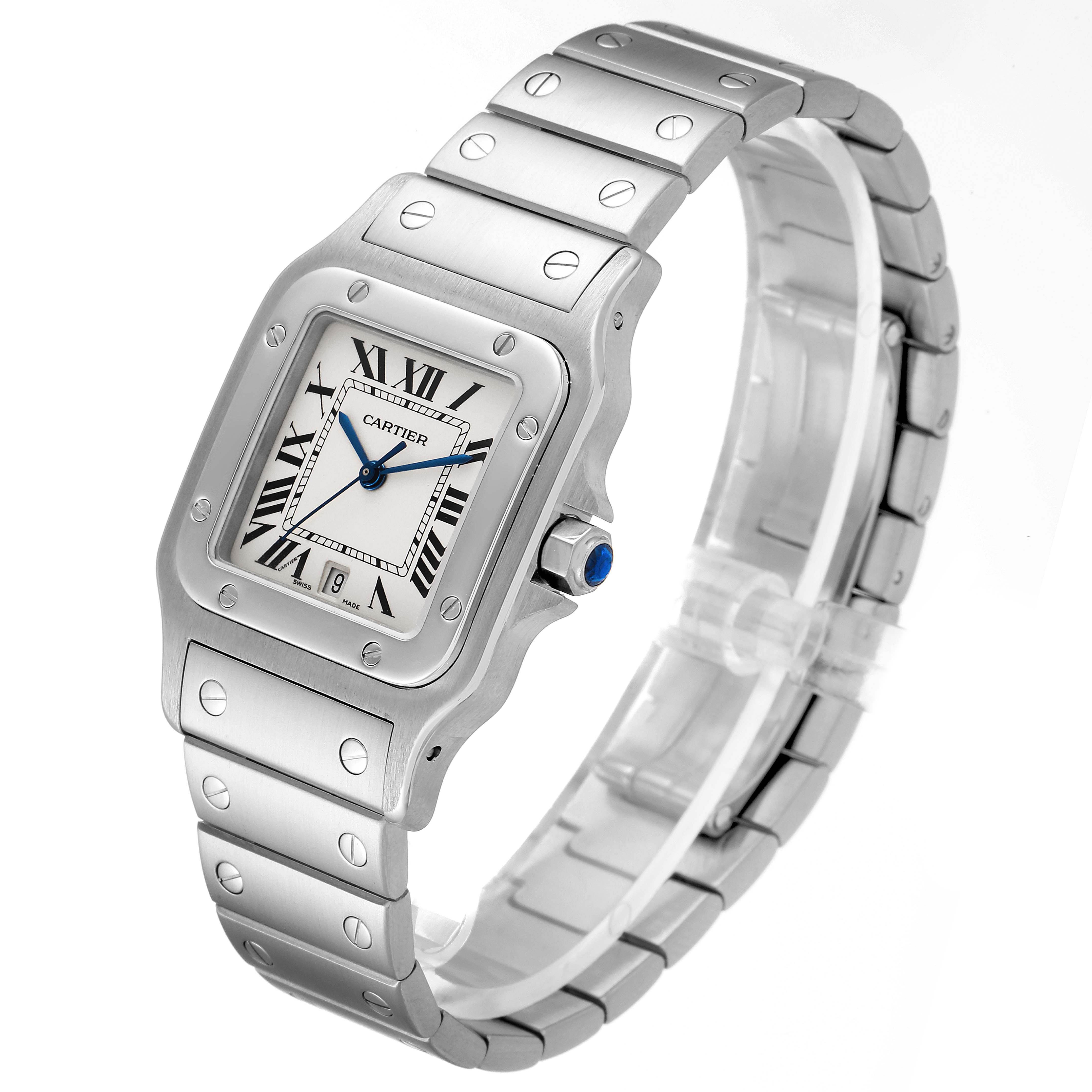 The image shows a Santos model by Cartier from a front and right-side angle, highlighting the dial, bezel, and bracelet.