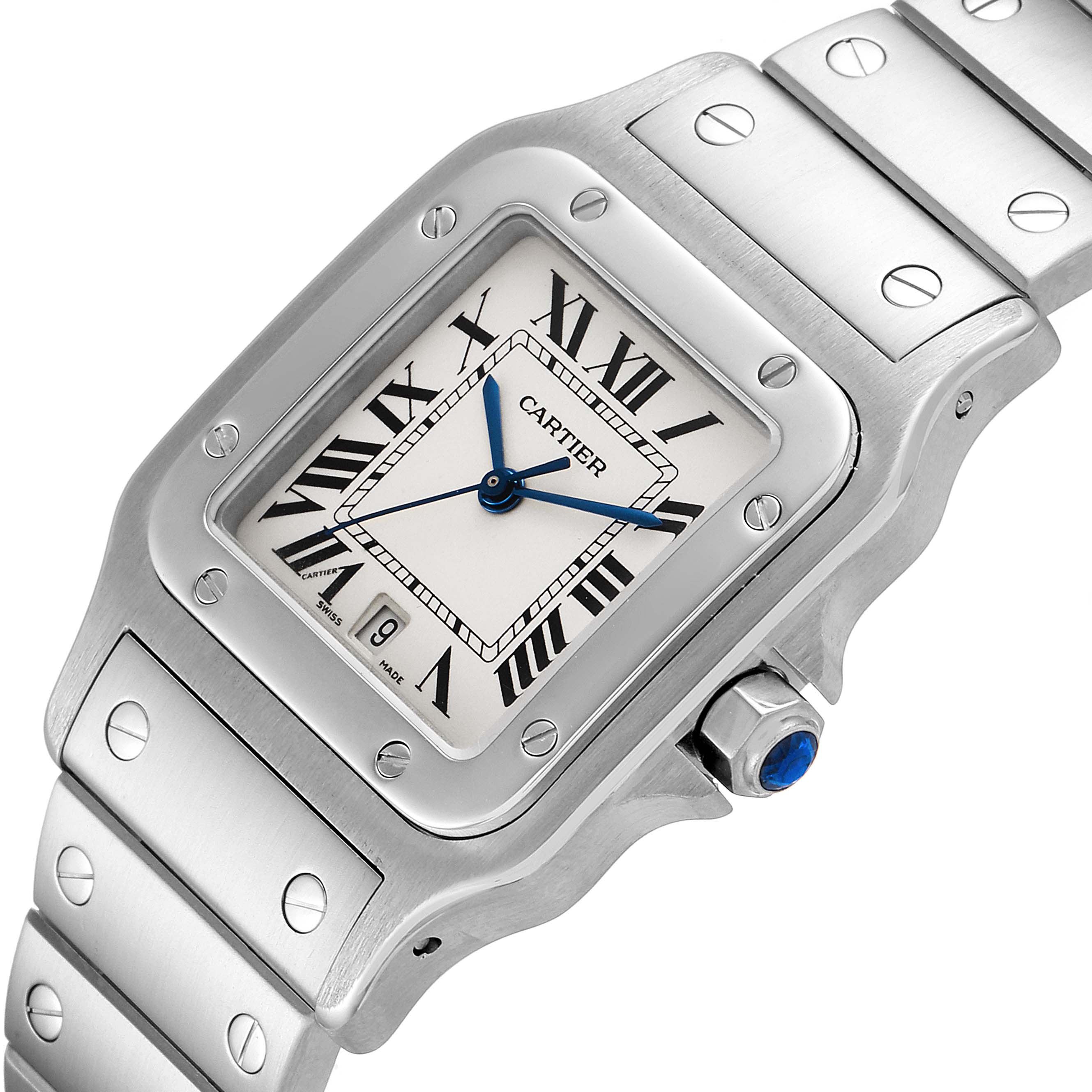 This image shows a close-up, angled view of the Cartier Santos W20060D6 Men
s Stainless Steel Silver Dial W20060D6 Men
s Stainless Steel Silver Dial watch face, bezel, and part of the bracelet.